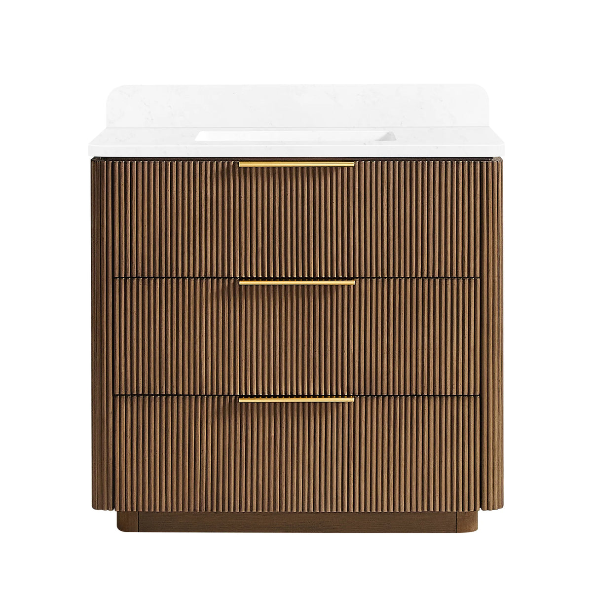 Freestanding single sink bathroom vanity, 36 inches wide, finished in Oak Light Walnut with a stone top
