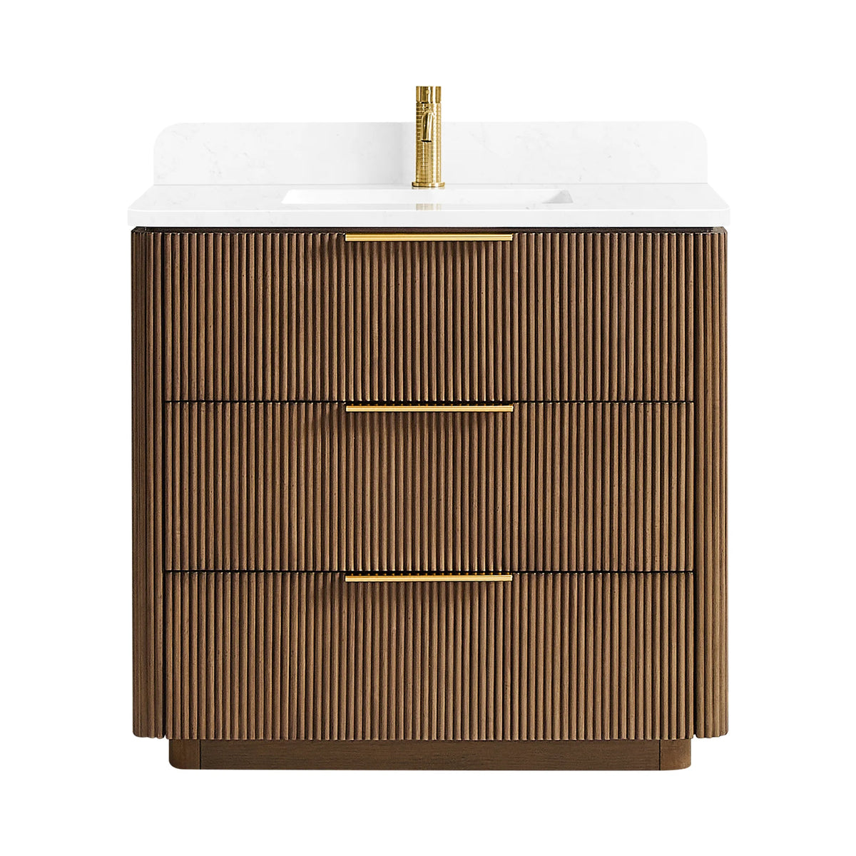 Oak Light Walnut single sink vanity front view with faucet pictured, faucet sold separately