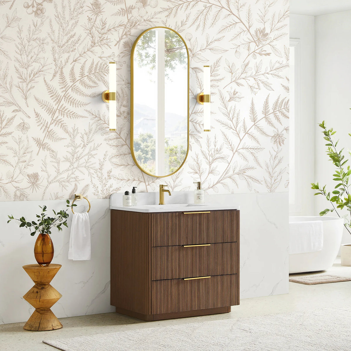 Tighter framing of the 36 inch Oak Light Walnut single sink vanity in a styled bathroom
