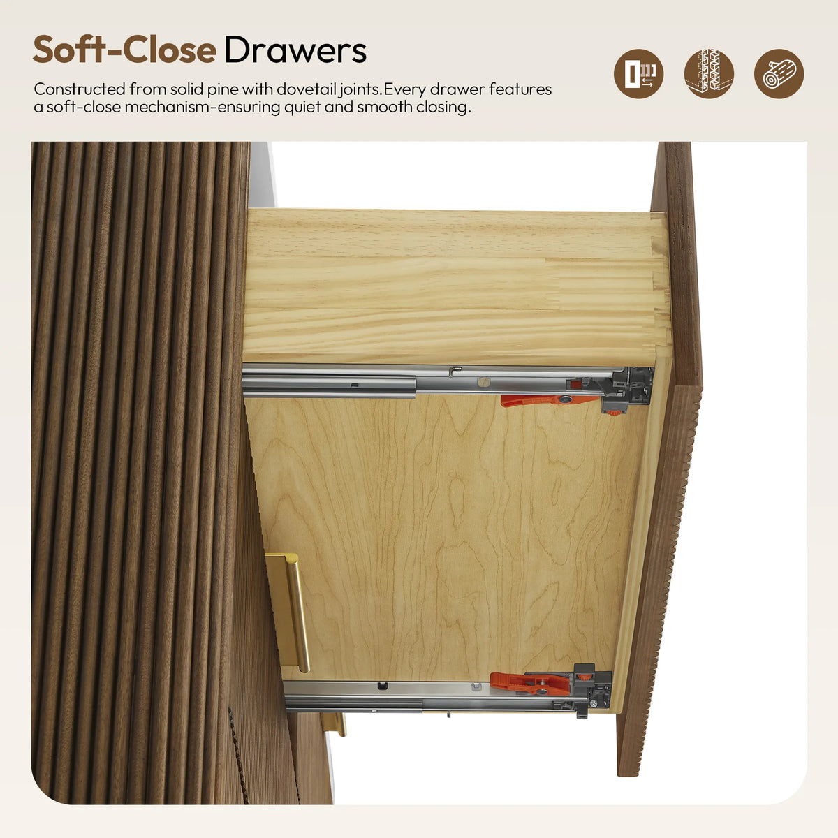 Cutaway of a 36 inch Oak Light Walnut vanity drawer showing its glide and dovetail joints