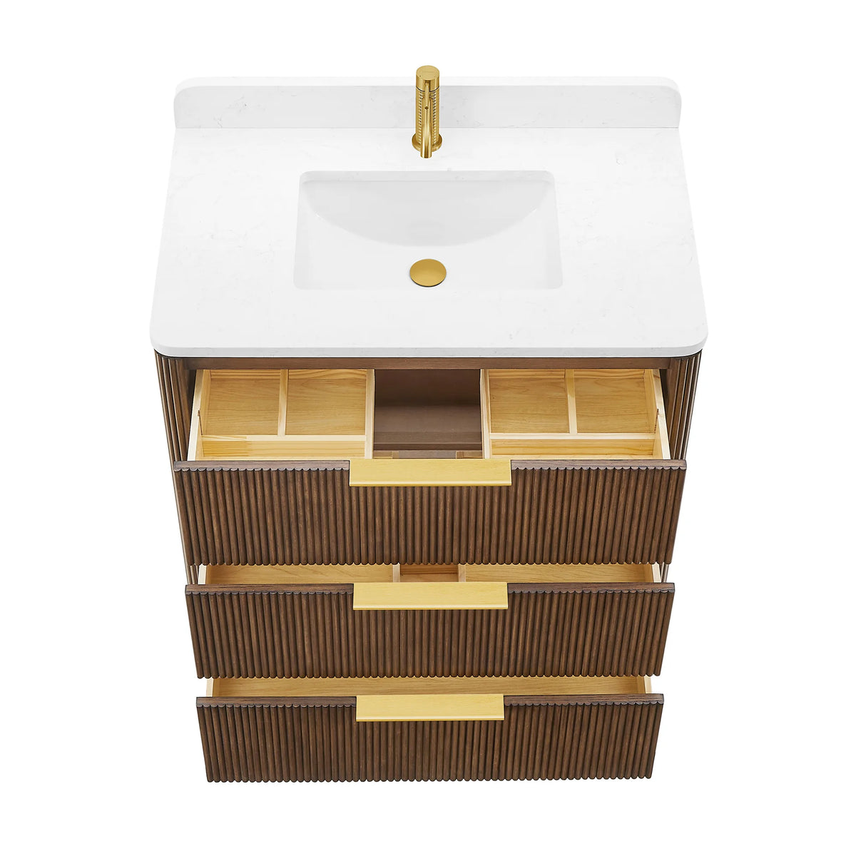 Plain background, drawers open: single sink bathroom vanity seen from above, 36 inch width