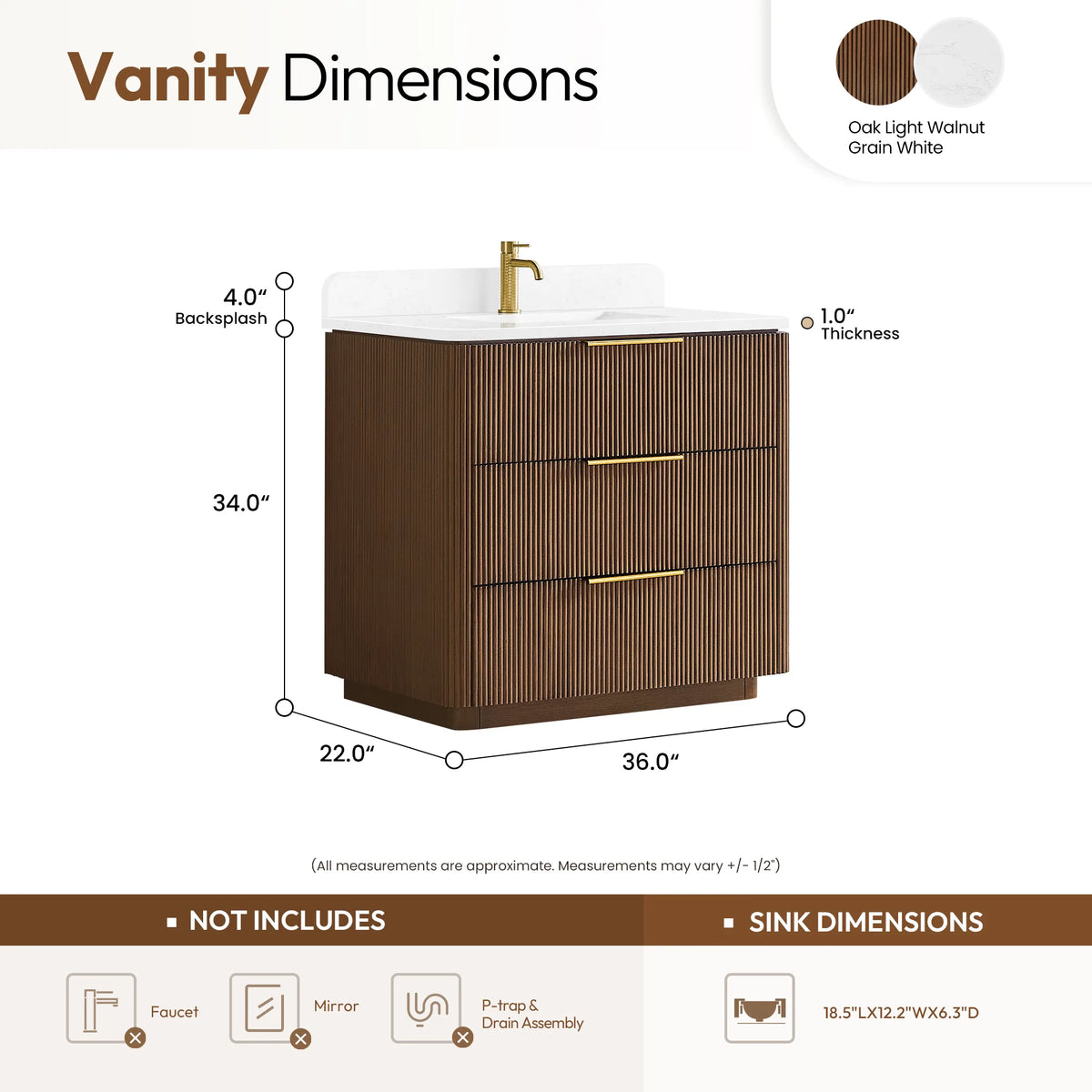 Size panel for the 36 inch Oak Light Walnut single sink vanity: width 36, depth 22, height 34 inches