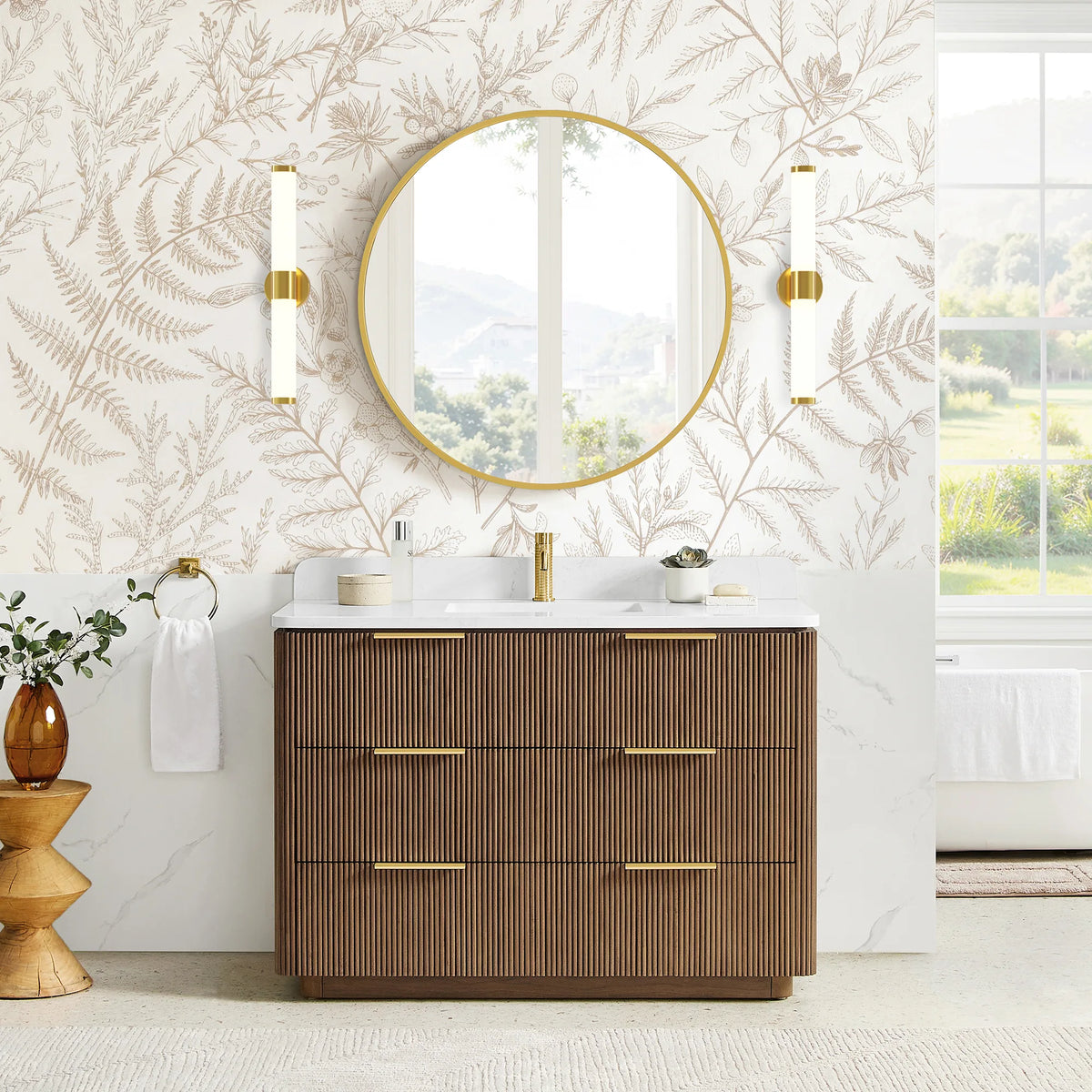 Bathroom scene with a 48 inch single sink vanity, botanical leaf wallpaper behind it