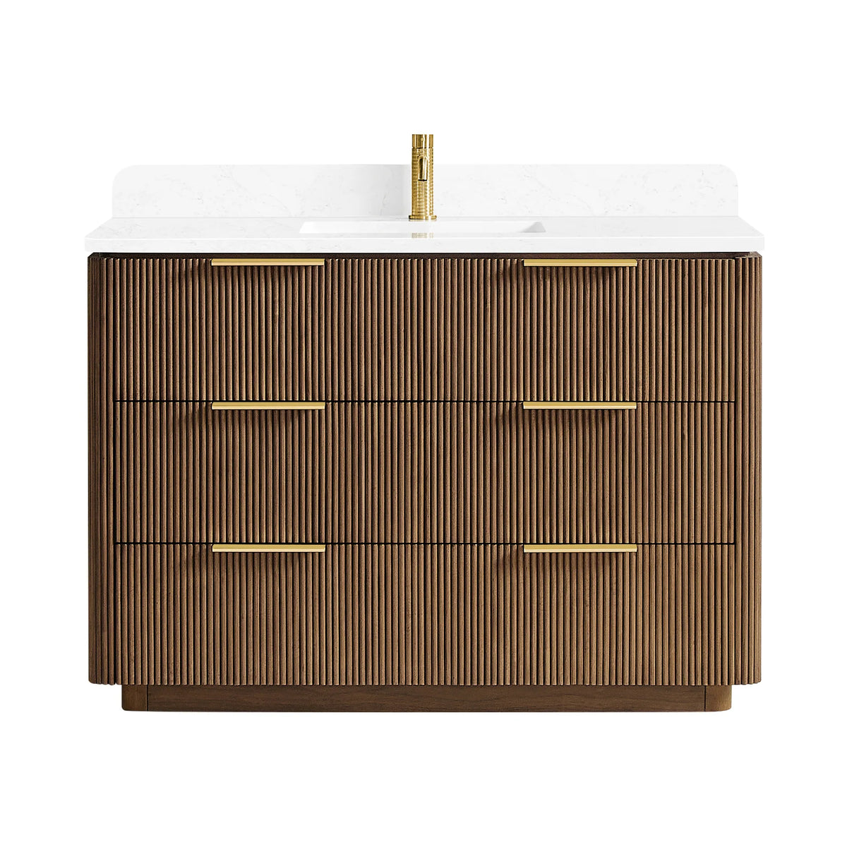 Single sink bath vanity in Oak Light Walnut on white, pictured with a faucet that is not included