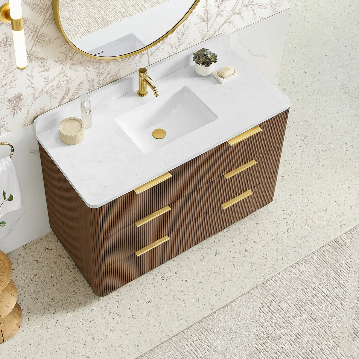 High-angle view of the 48 inch single sink vanity in Oak Light Walnut, with the white grain composite stone top