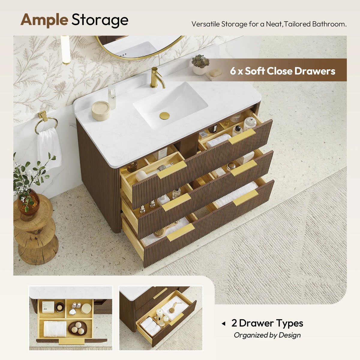Storage callout on an open 48 inch single sink vanity in Oak Light Walnut: soft-close drawers with organizers