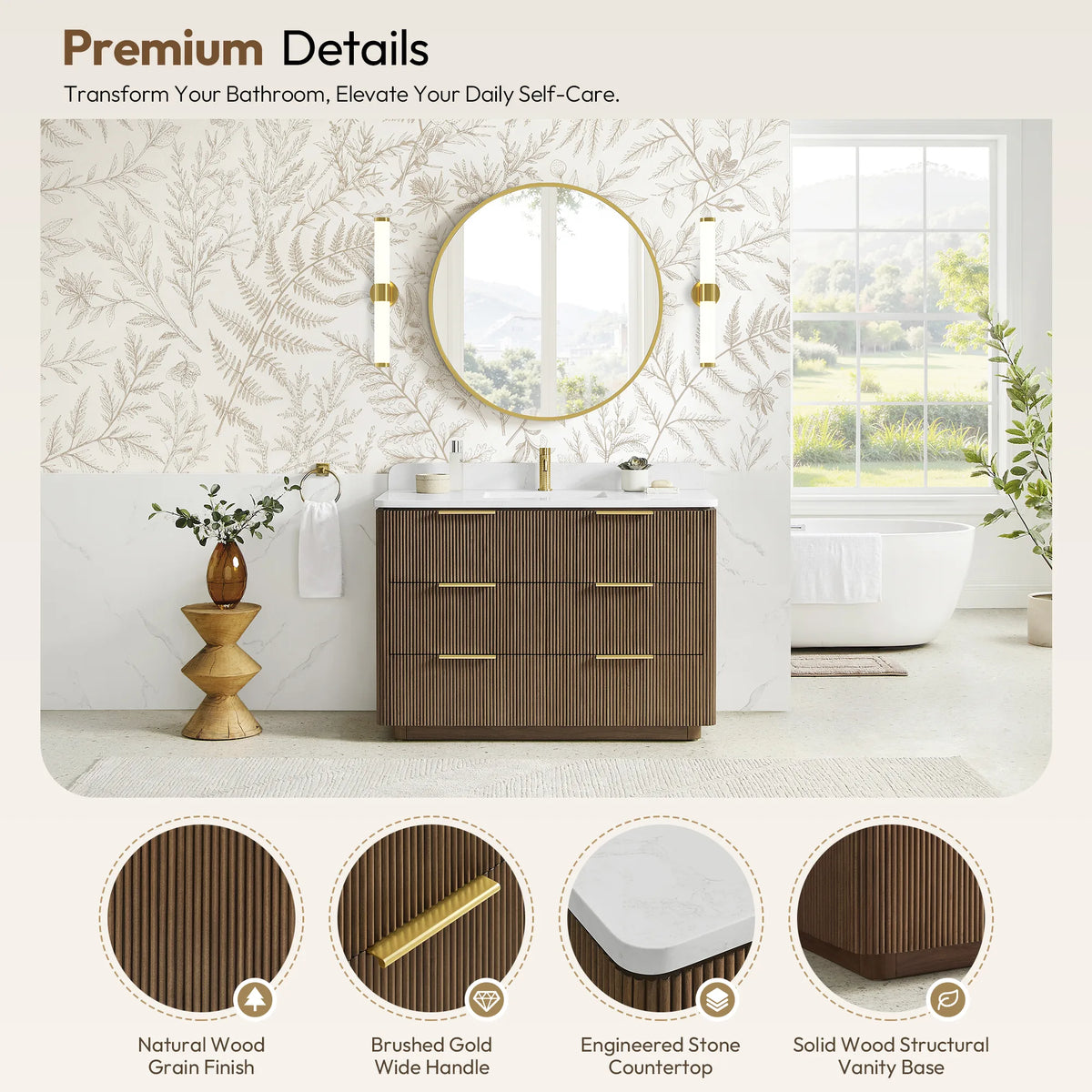 Premium details callout for the 48 inch single sink vanity: grain finish, brushed gold handle, stone top
