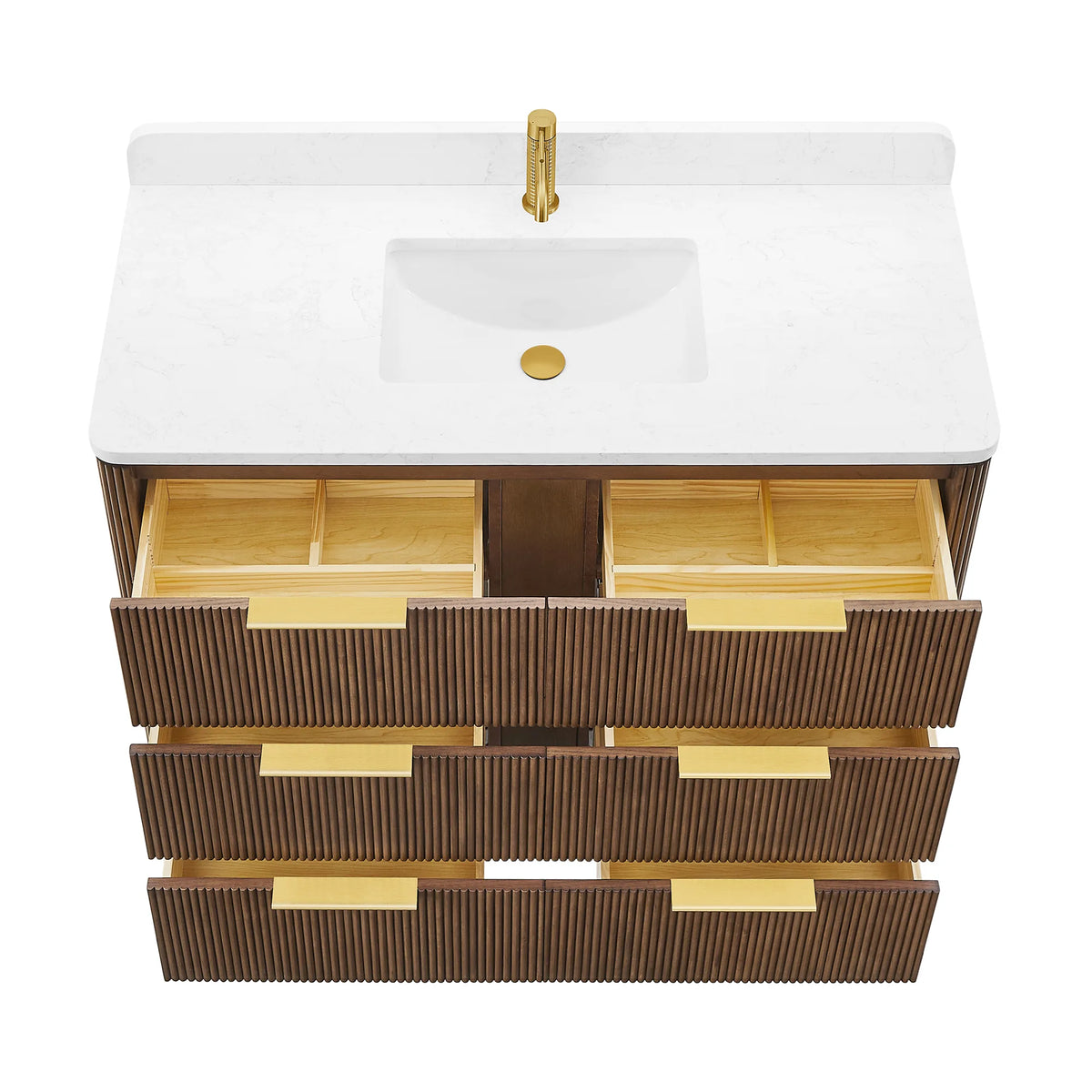 48 inch single sink vanity in Oak Light Walnut on white with the drawers open