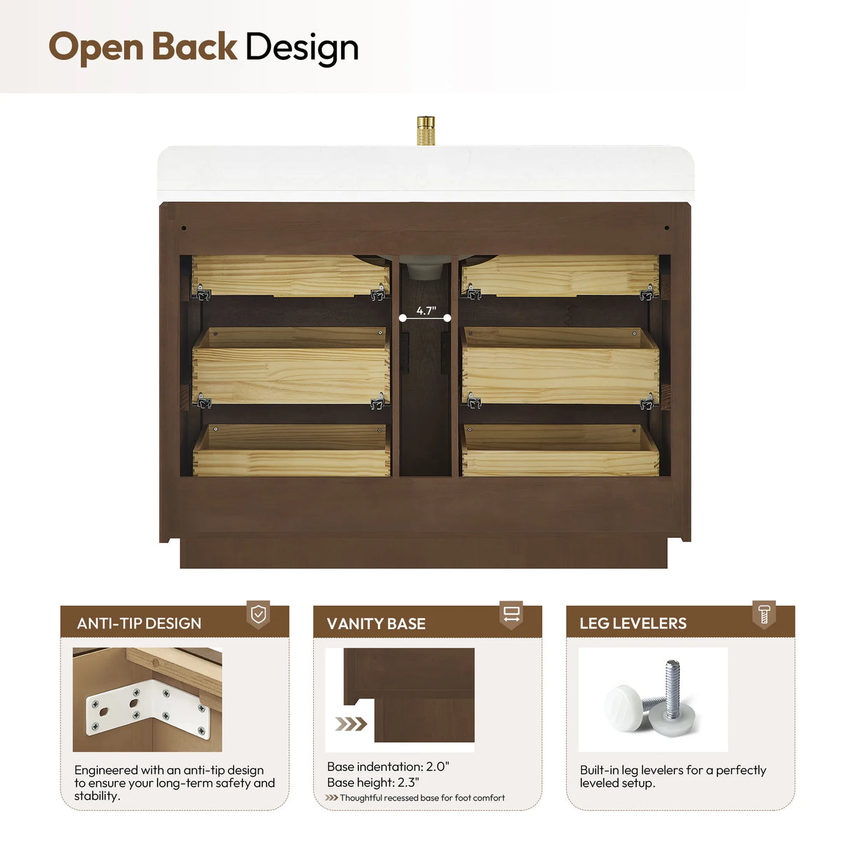 Open back design callout with anti-tip hardware and leg levelers on the 48 inch single sink vanity, single version