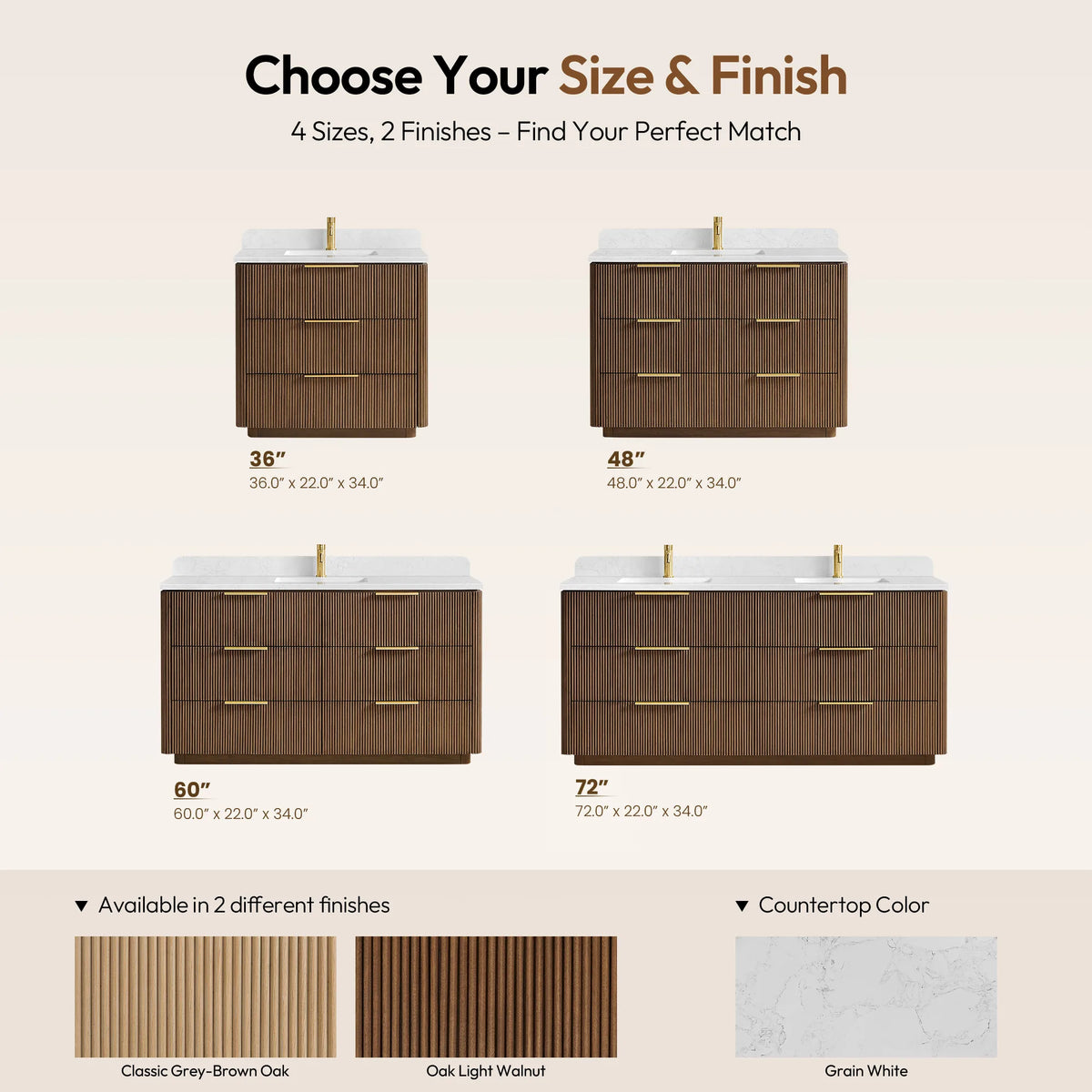 Size and finish options graphic for the Oak Light Walnut vanities
