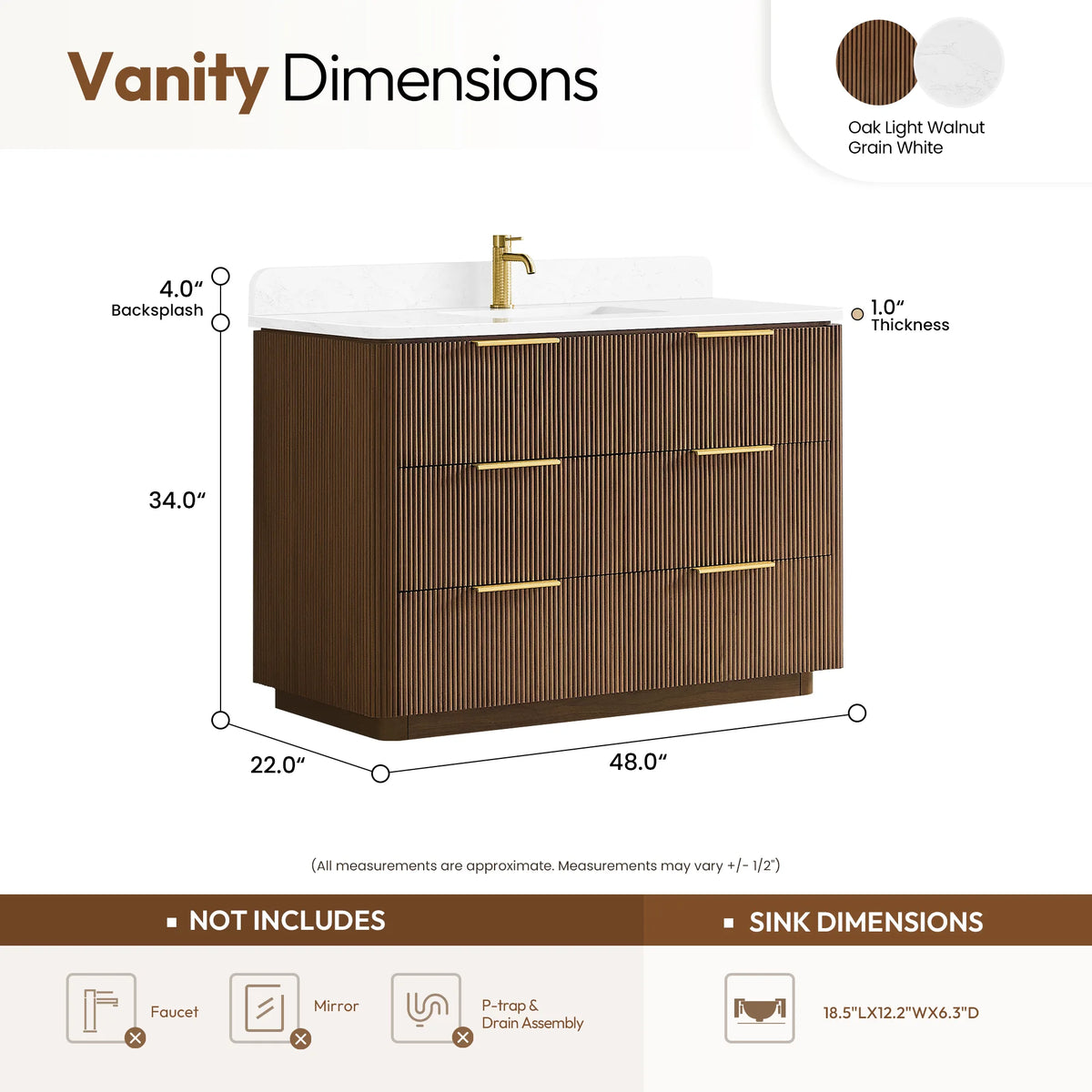 Dimensions graphic, 48 x 22 x 34 inches, for the Oak Light Walnut single sink vanity