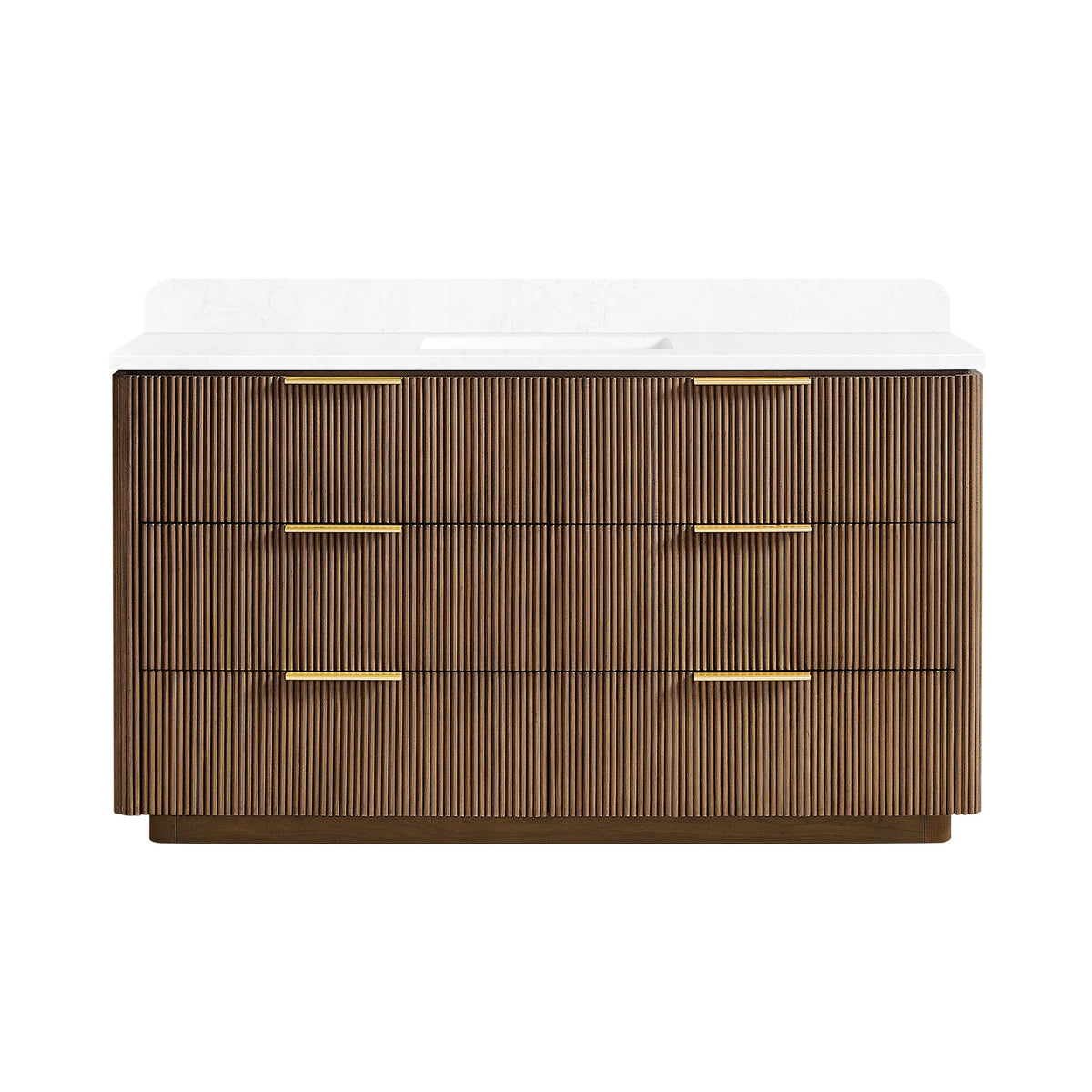 Freestanding single sink bathroom vanity, 60 inches wide, finished in Oak Light Walnut with a stone top