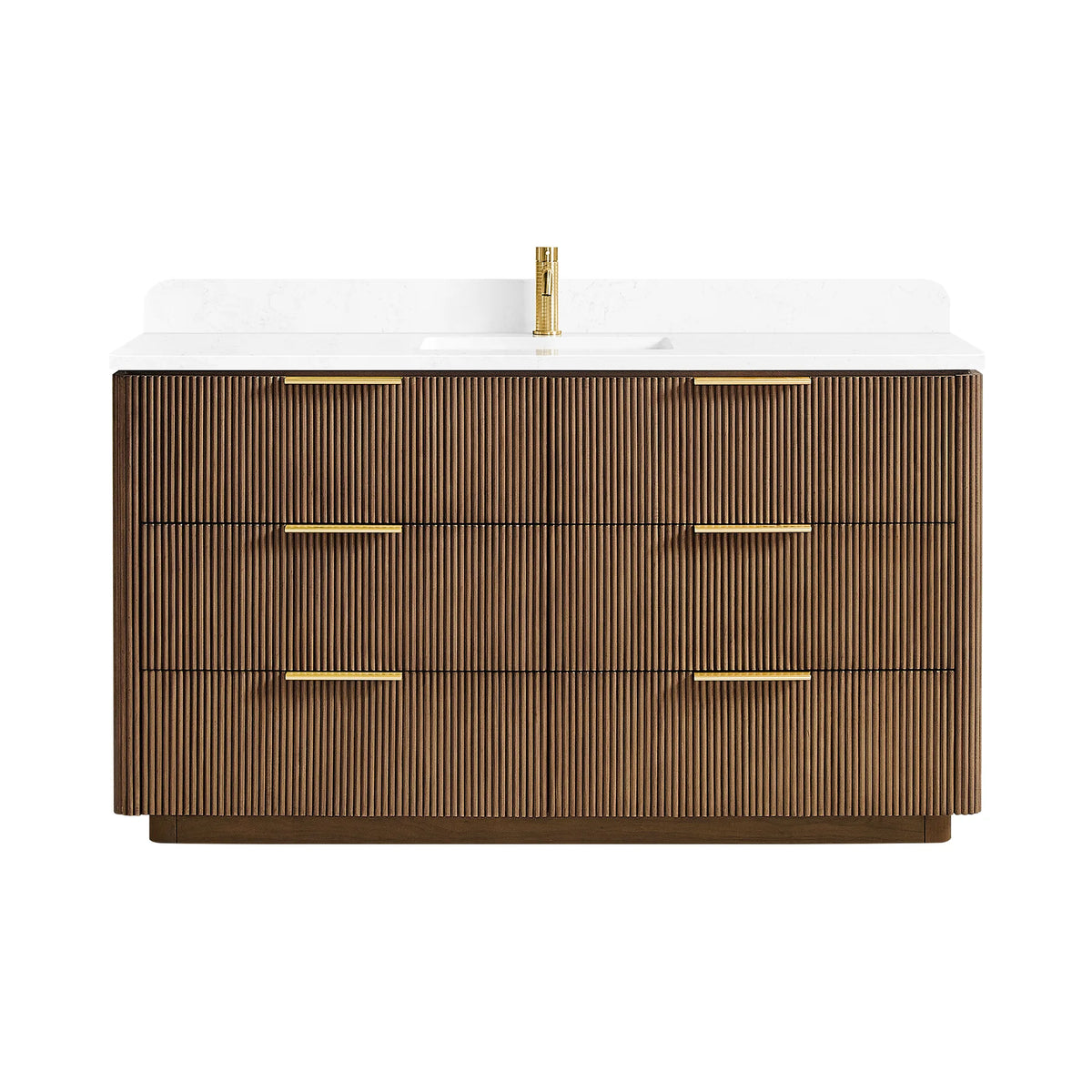 Oak Light Walnut single sink vanity front view with faucet pictured, faucet sold separately, 60 inch width