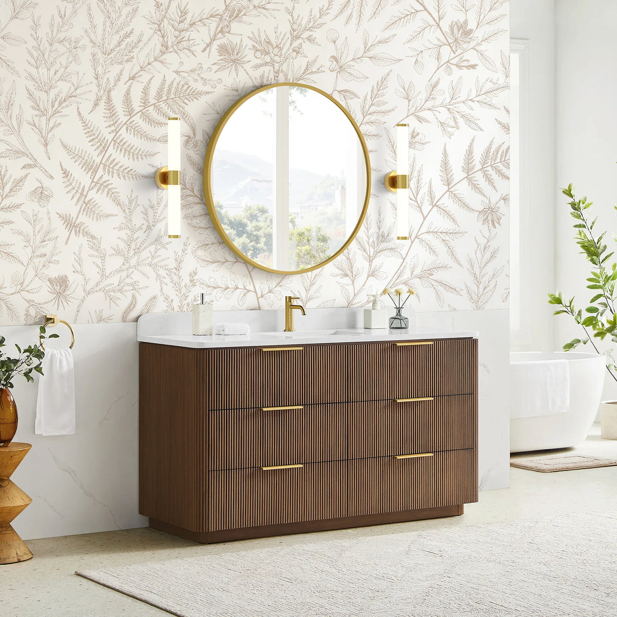 60 inch single sink vanity in Oak Light Walnut seen from the side in a softly lit bathroom