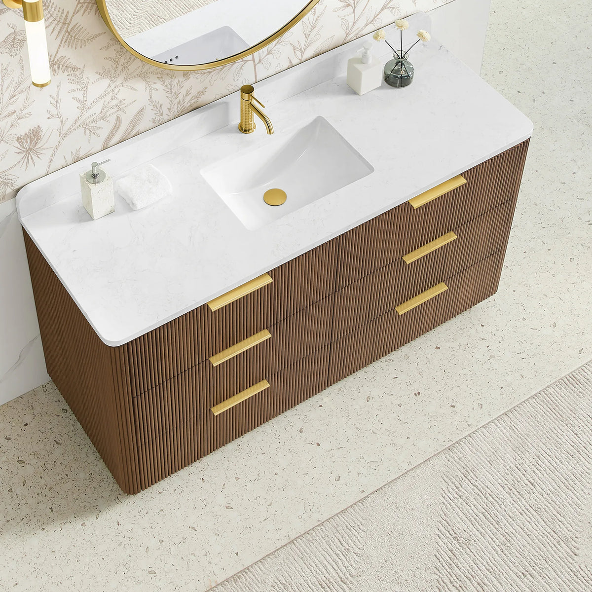 Looking down on a 60 inch Oak Light Walnut single sink vanity top with an undermount sink