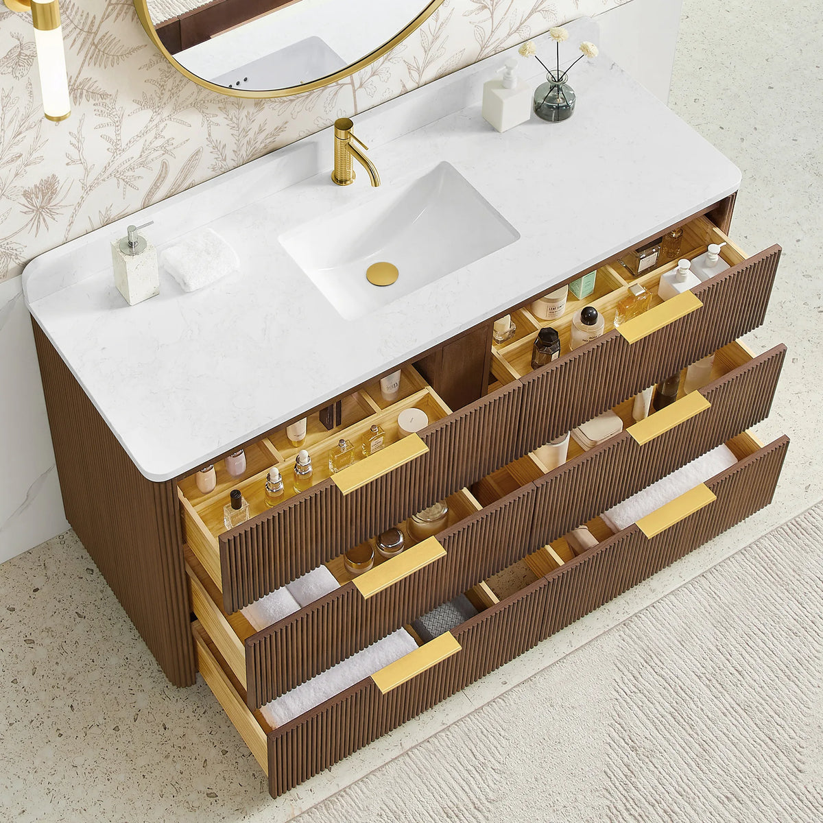 In the room, drawers pulled out of a 60 inch Oak Light Walnut single sink vanity for a high-angle look
