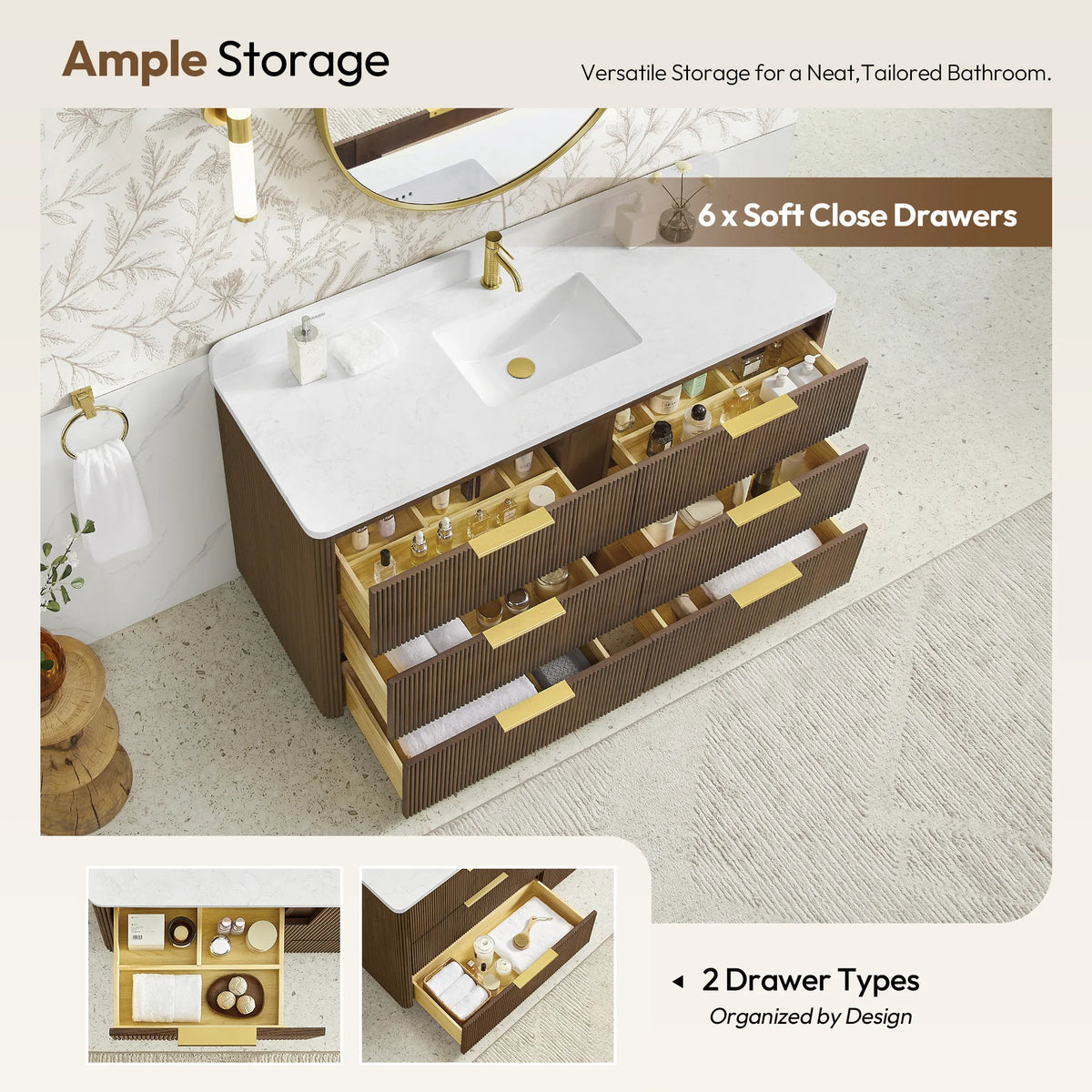 Oak Light Walnut single sink vanity with drawers open, drawer types shown in the panel below, 60 inch width