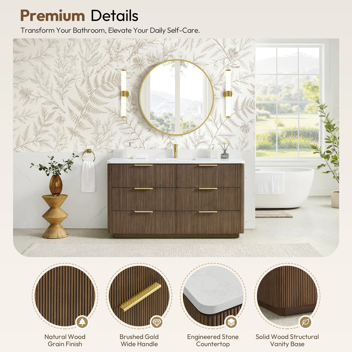 Material swatches next to the 60 inch Oak Light Walnut vanity: wood grain, wide handle, countertop, base