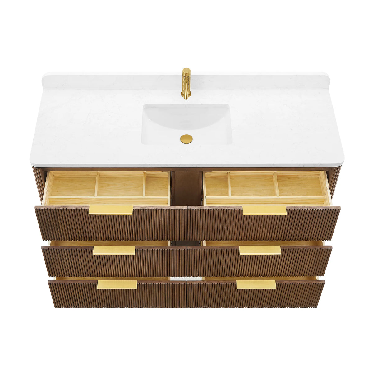 Plain background, drawers open: Oak Light Walnut single sink bathroom vanity seen from above