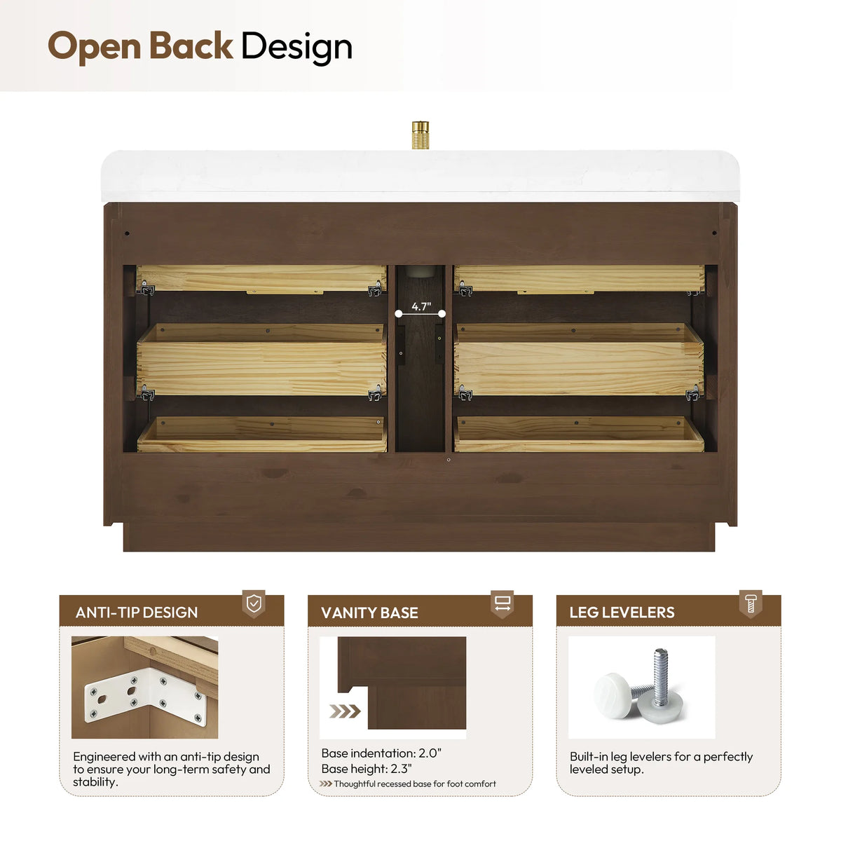 Back view of the 60 inch Oak Light Walnut vanity with a U-shaped cutout for plumbing