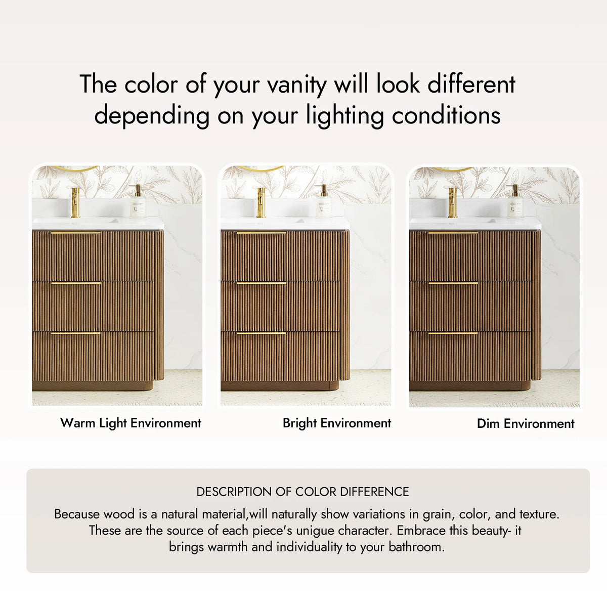 Color difference graphic showing the Oak Light Walnut finish under three lighting conditions
