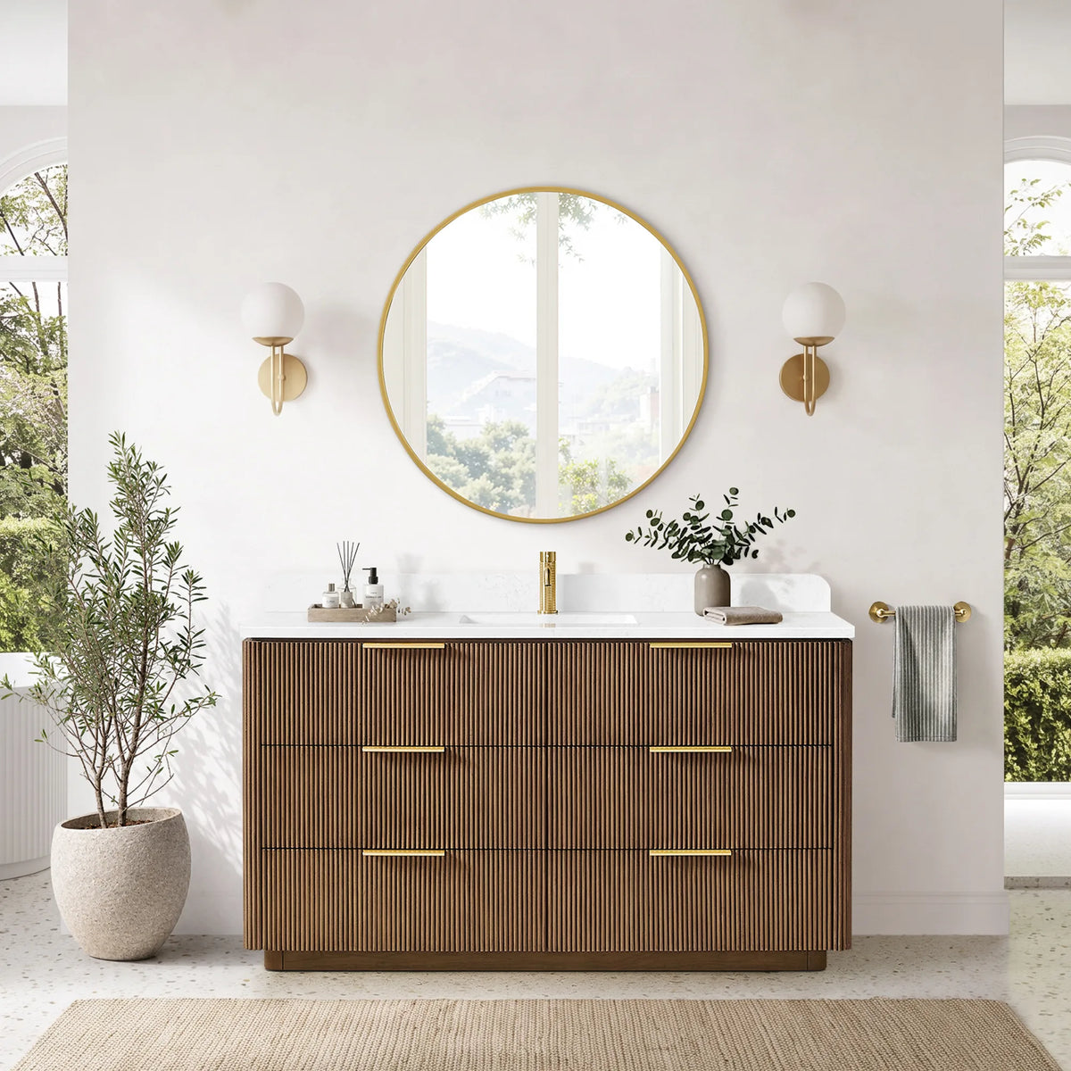 Bathroom scene with a 60 inch single sink vanity, a white wall and a large plant behind it