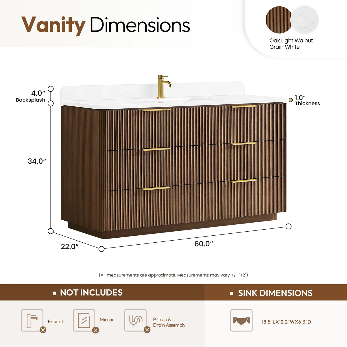 Size panel for the 60 inch Oak Light Walnut single sink vanity: width 60, depth 22, height 34 inches