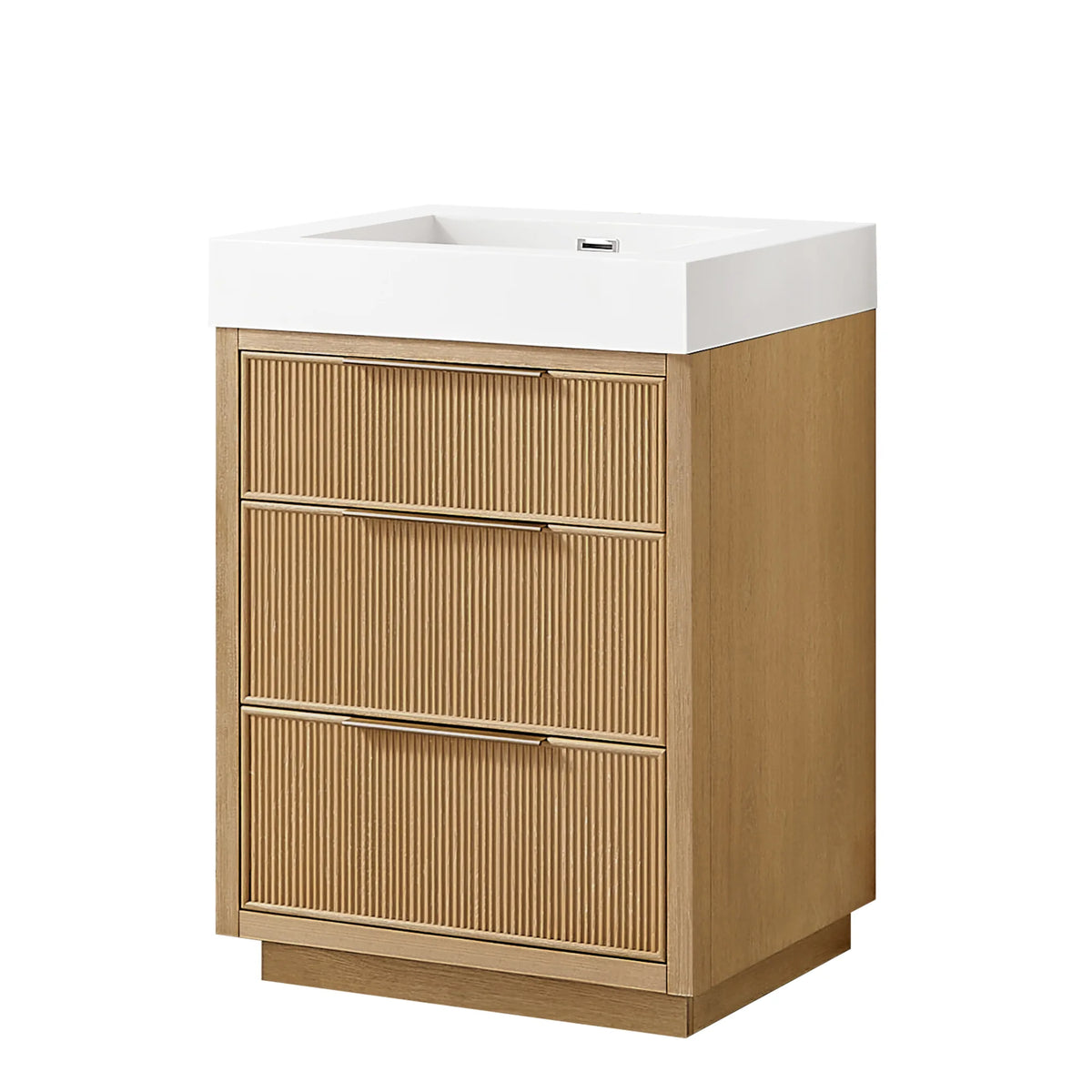 Front view of a 24-inch freestanding single bathroom vanity in Washed Ash Grey, three ribbed drawers, white stone top