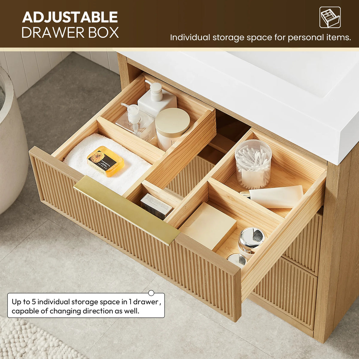 Drawer box with movable compartments, shown extended and filled with small bath items