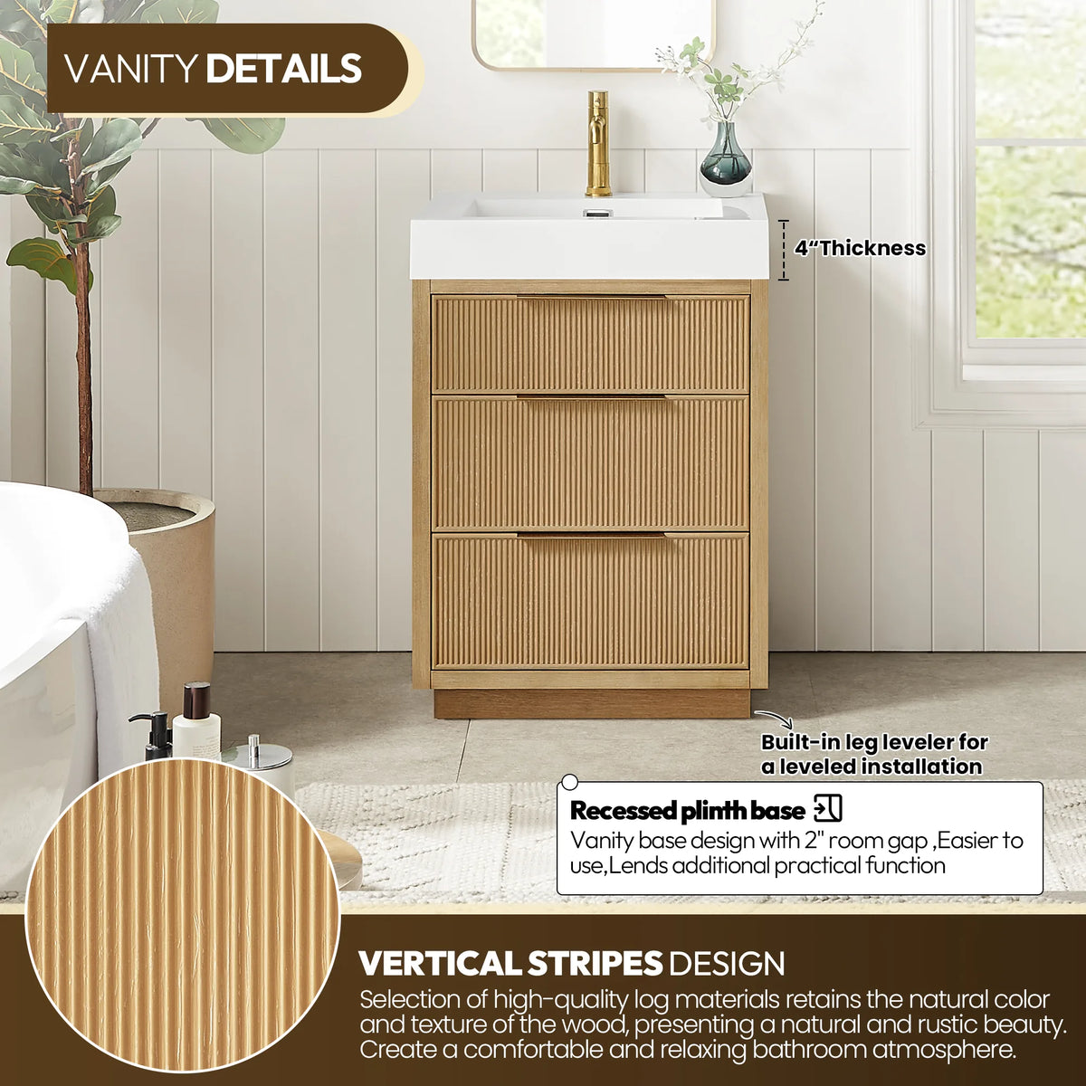 Annotated room view of the 24-inch vanity with callouts for the recessed plinth base, built-in leveler and vertical stripes