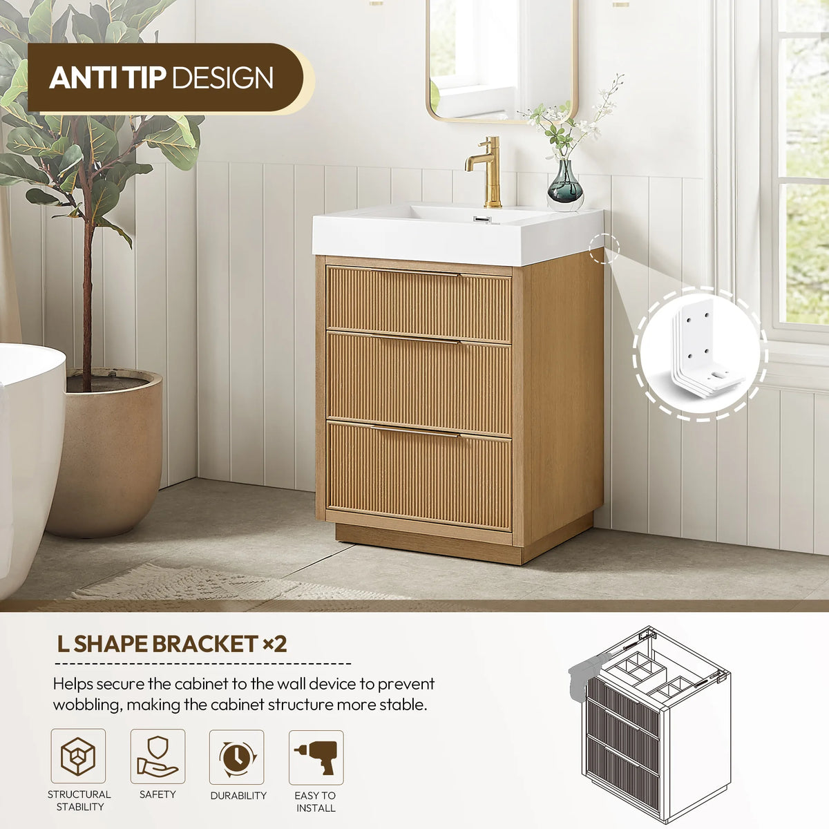 Anti-tip callout with the cabinet in a bath setting and an L-bracket that secures it to the wall