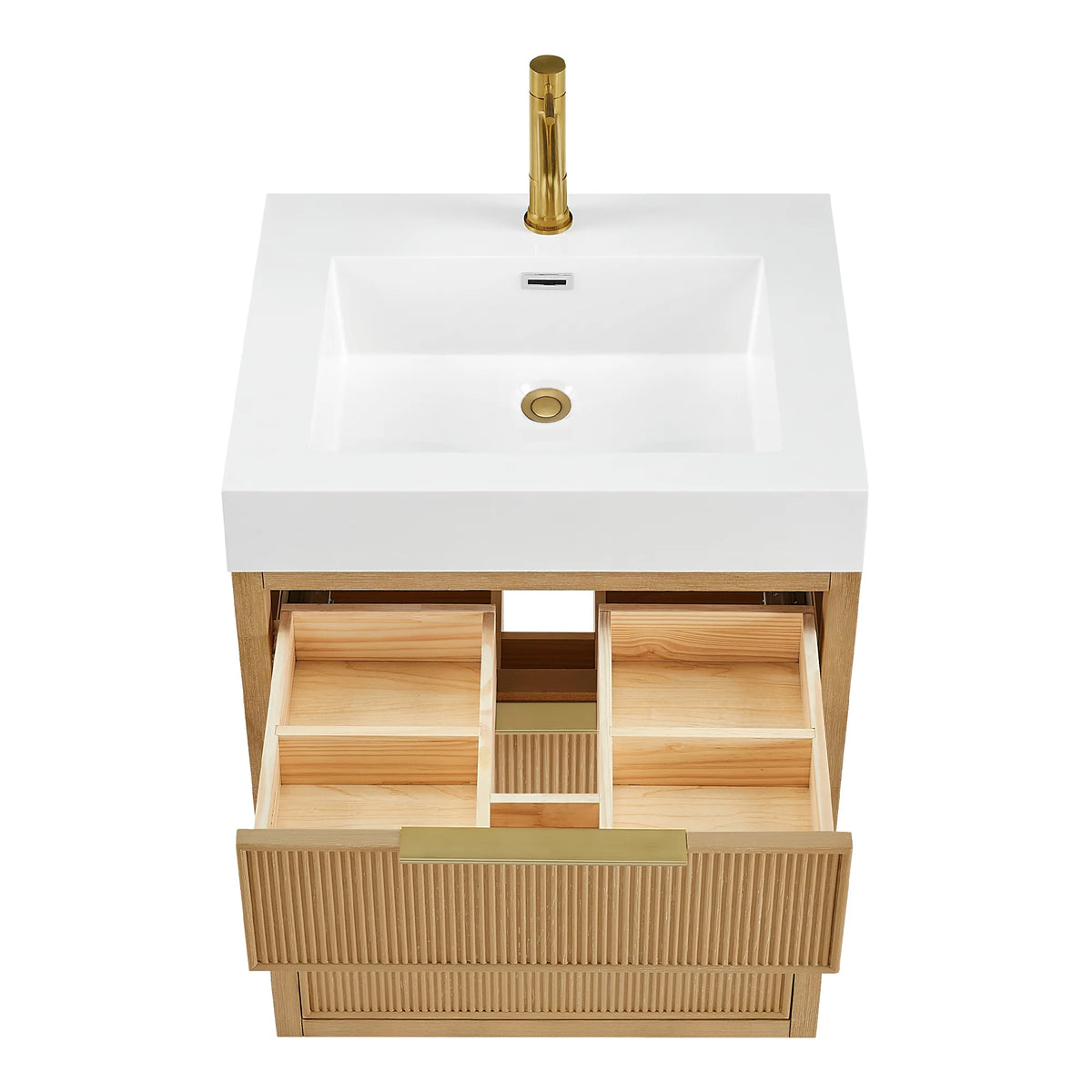 Top-down studio shot of the 24-inch vanity with one drawer open and a gold faucet pictured but not included