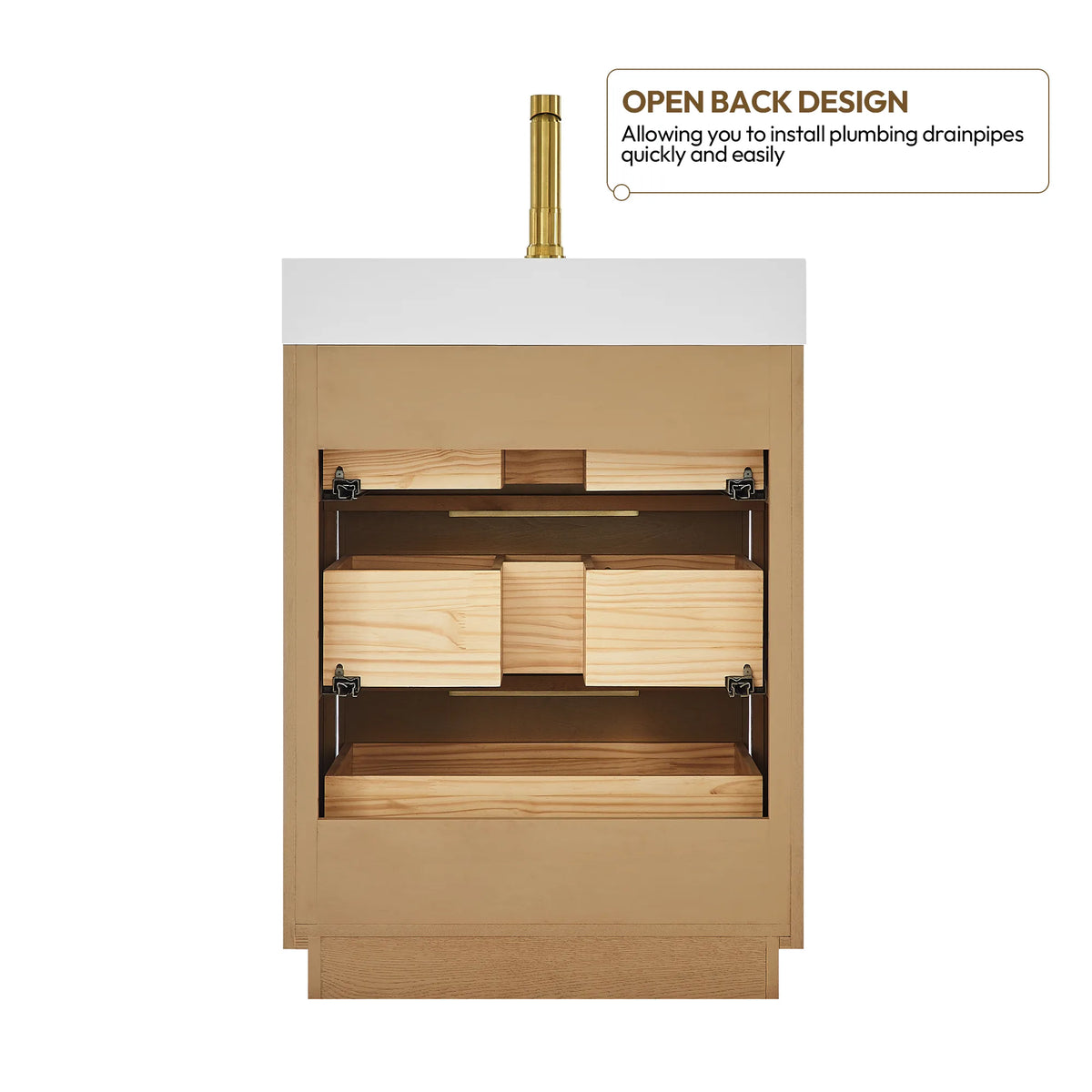 Open-back cabinet view for the 24-inch vanity, showing the clear space left for drainpipes