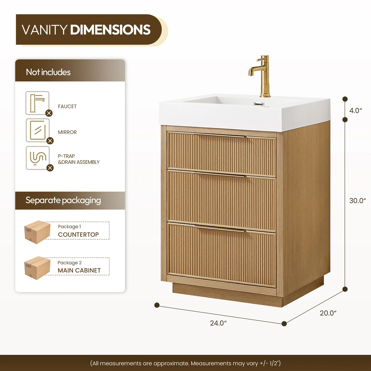 Dimension diagram of the 24-inch vanity, listing the faucet, mirror, P-trap and drain assembly as not included