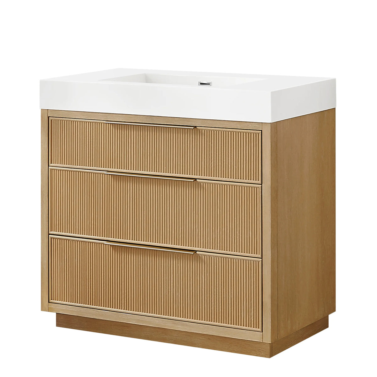 Three-quarter studio view of the 36-inch single bathroom vanity finished in Washed Ash Grey, no faucet fitted