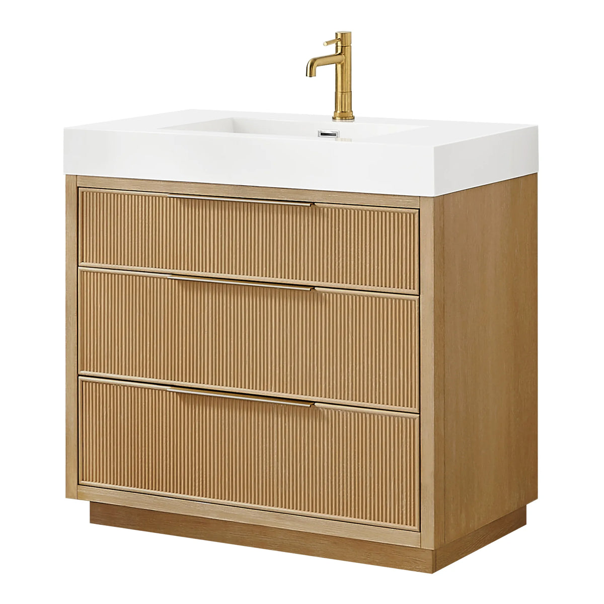 Head-on studio shot of the 36-inch single vanity showing its three ribbed drawers; pictured faucet sold apart