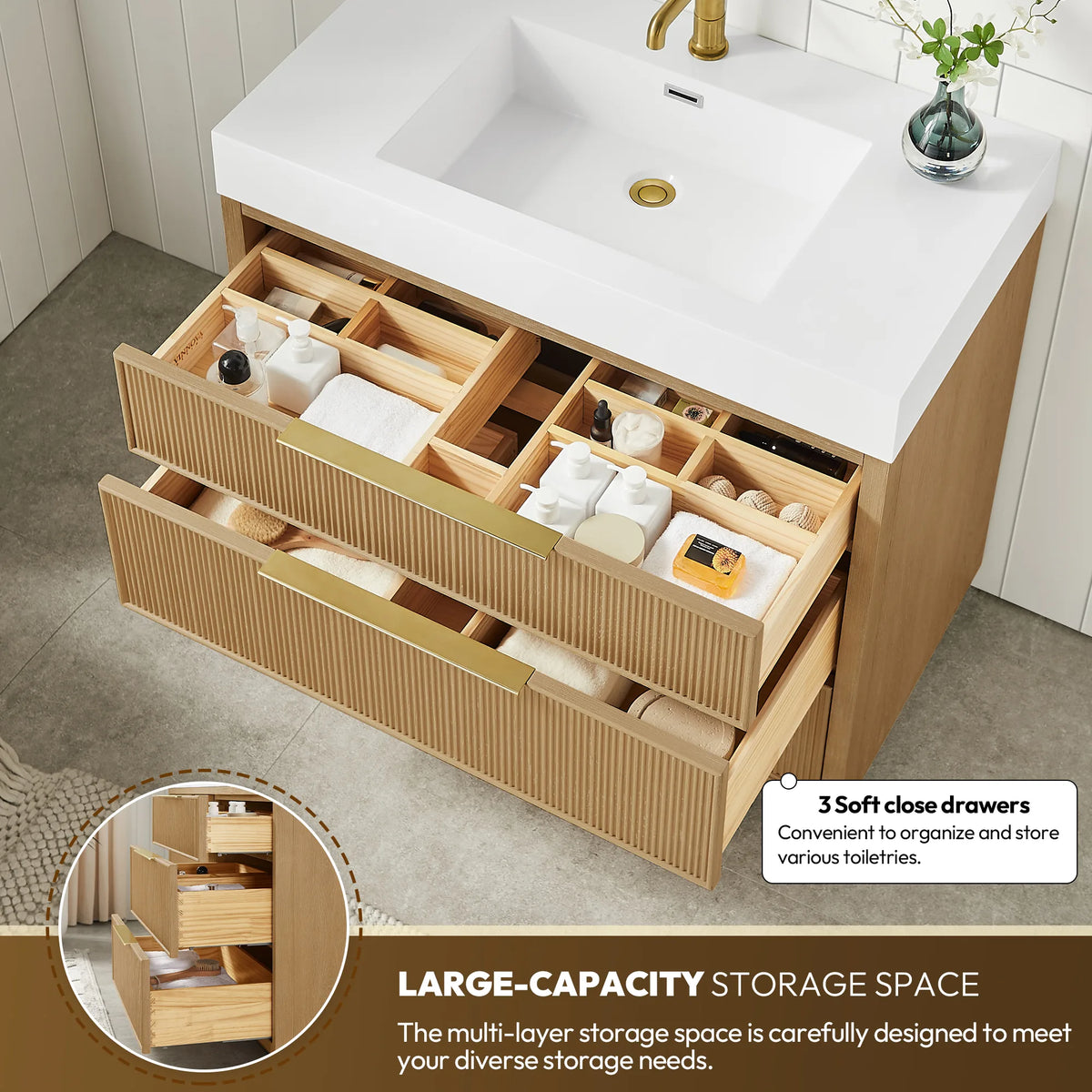Pulled-out drawers on the 36-inch vanity, divided trays inside, plus a small inset of the stacked drawer set