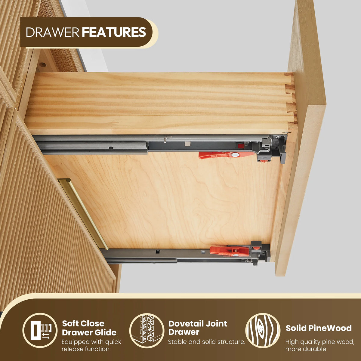 Drawer side view on the 36-inch vanity, with callouts for the glide, the dovetail joint and the drawer wood