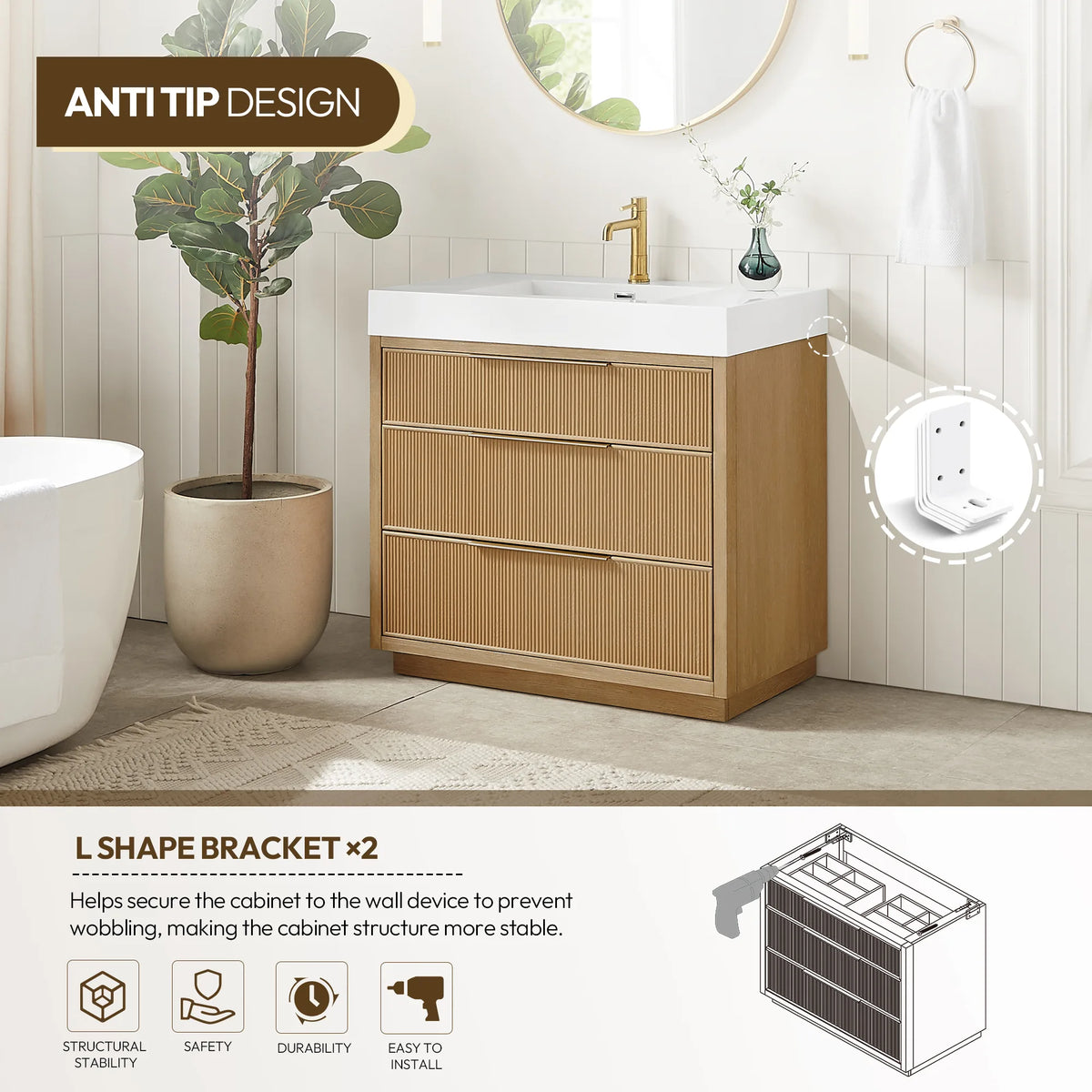 Anti-tip graphic for the 36-inch vanity, pairing a bath scene with a drawing of the L-shaped wall bracket