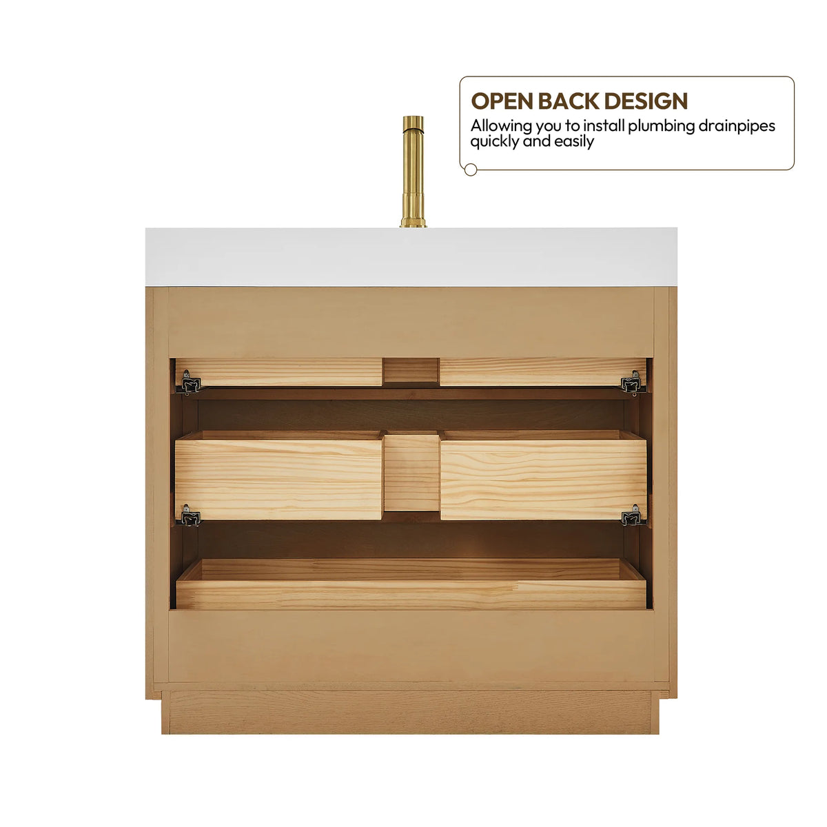 Open-back design callout on the 36-inch cabinet, which leaves space behind the drawers for plumbing