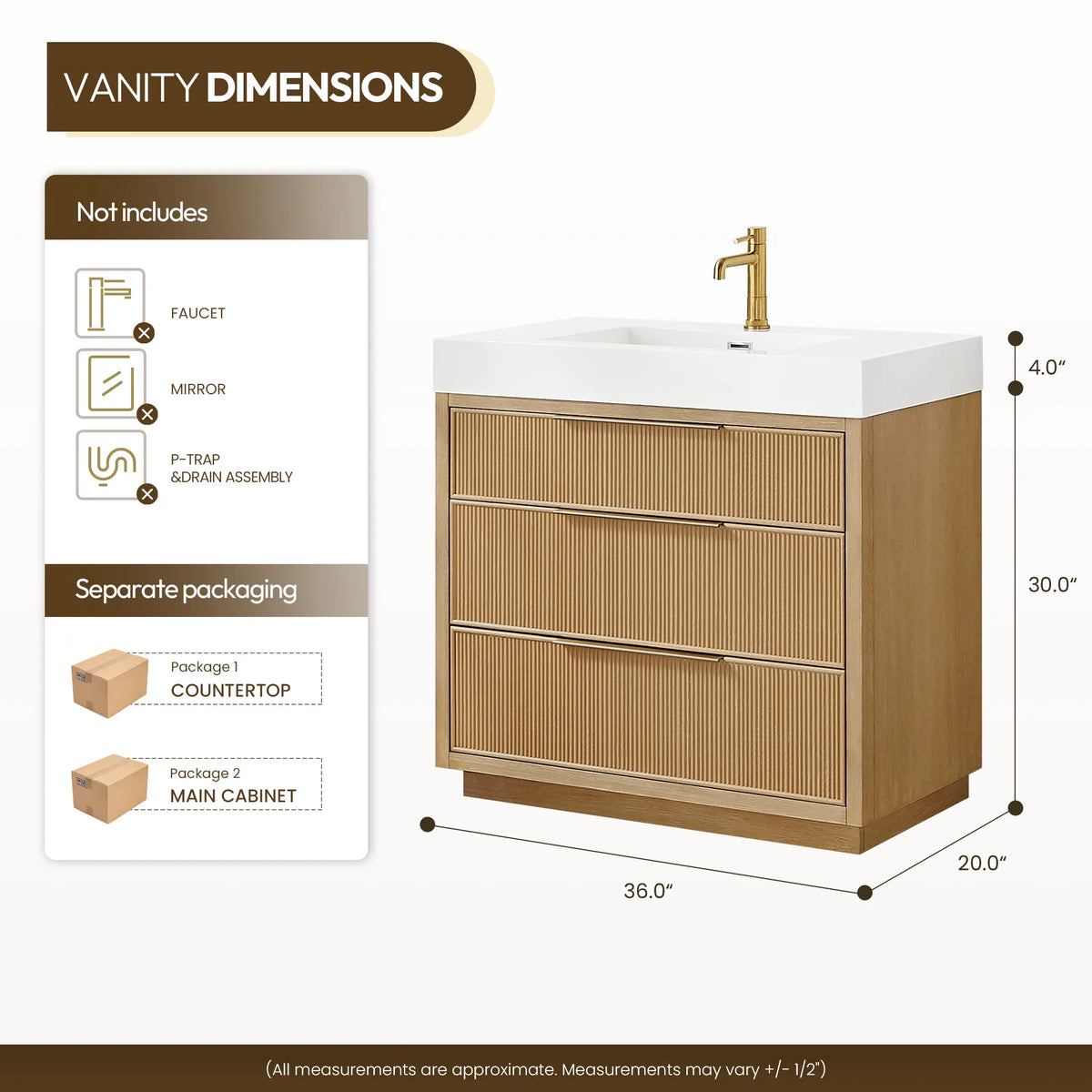 Size drawing of the 36-inch vanity with measurements, beside a not-included list: faucet, mirror, P-trap and drain assembly