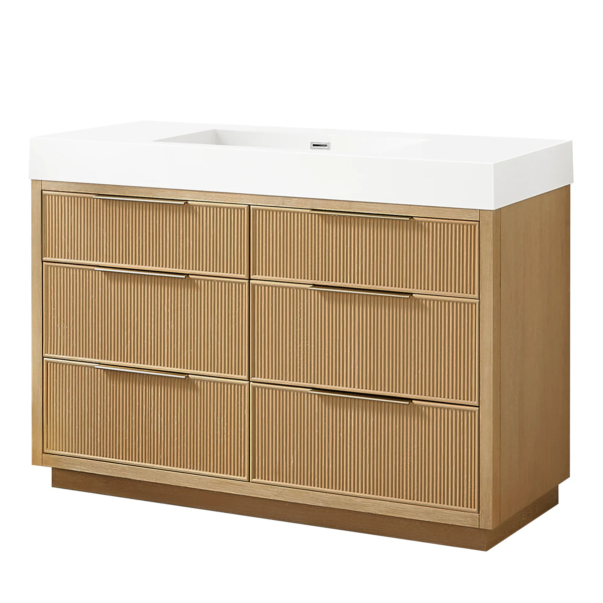 Studio view of a 48-inch freestanding single bathroom vanity in Washed Ash Grey, six drawers across two columns