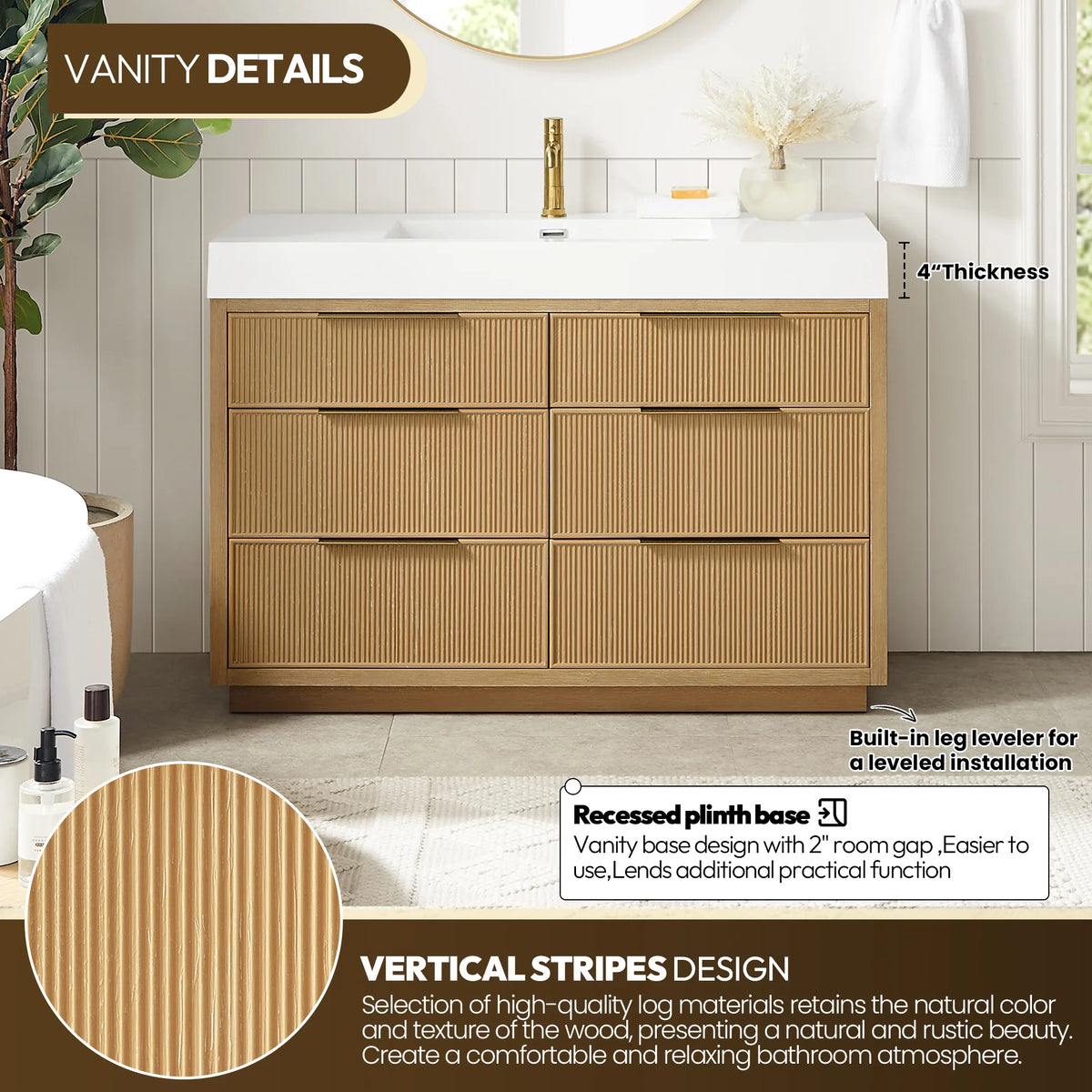 Room view of the 48-inch single vanity with callouts for its recessed plinth base, built-in leg leveler and striped fronts