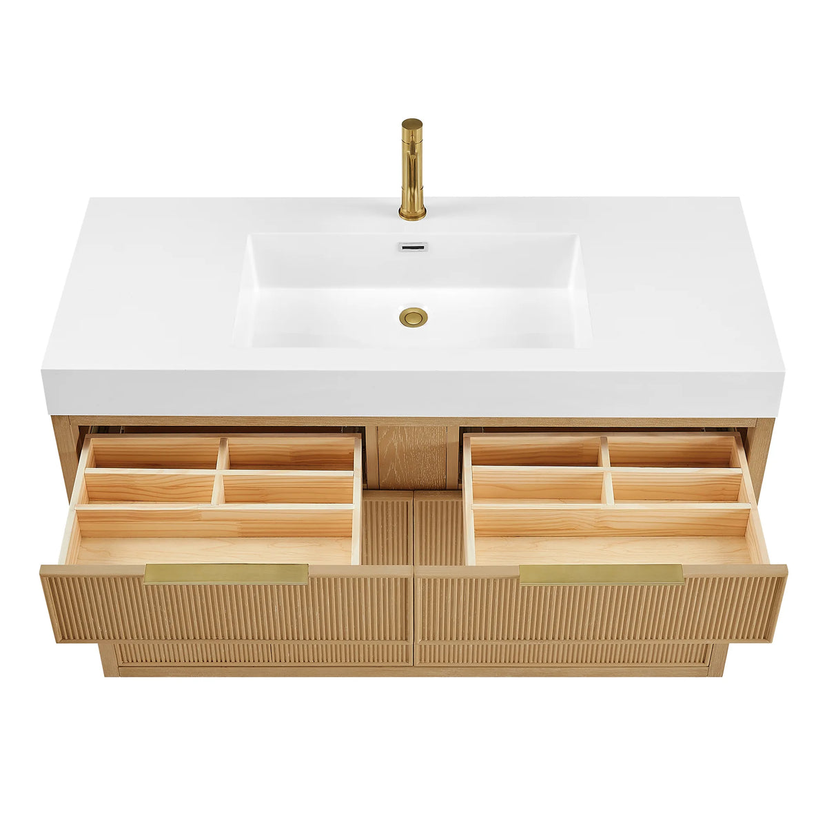 High-angle shot of the 48-inch single vanity with a gold faucet, which is not included, and two partly opened drawers