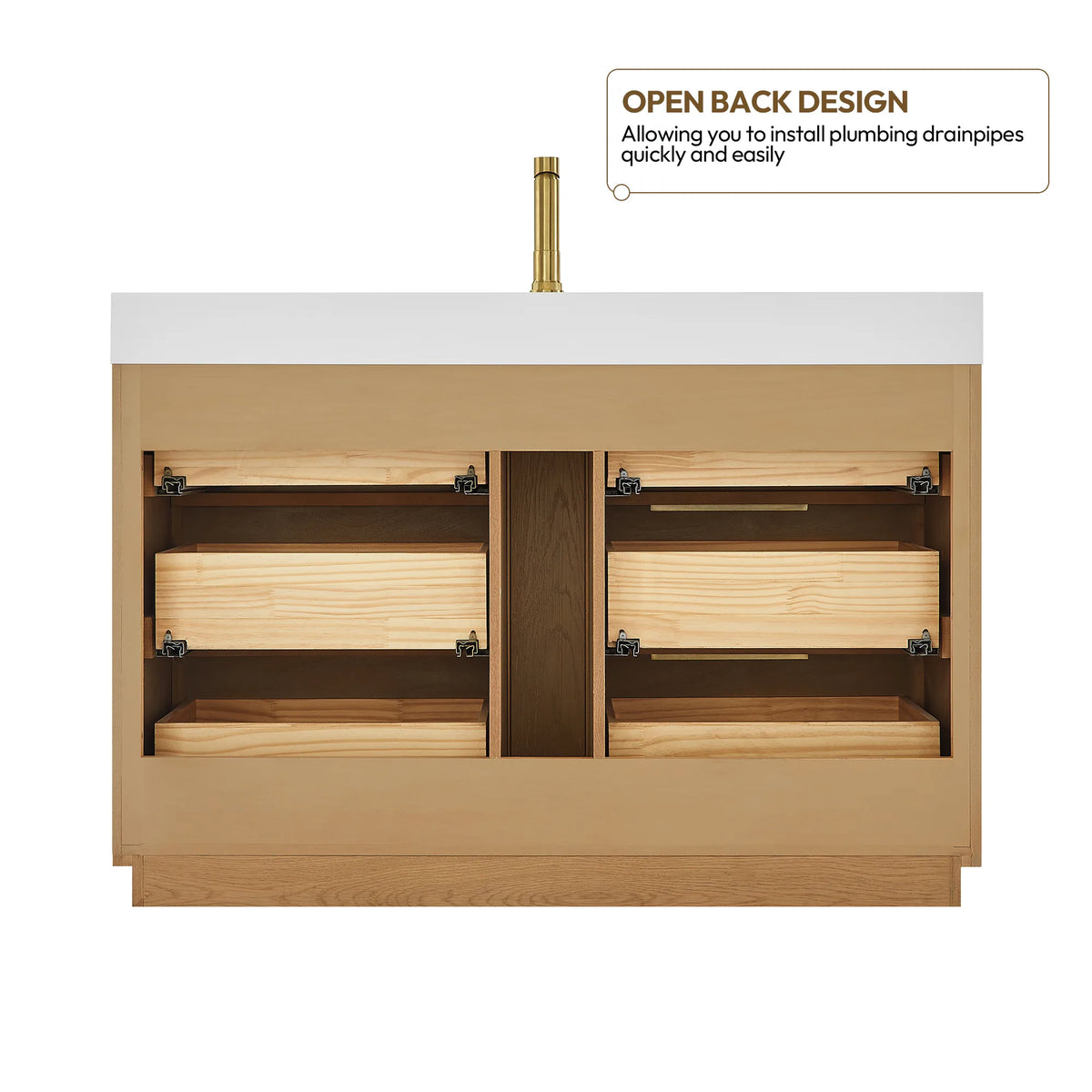 Open-back construction of the 48-inch vanity, with an inside look at two drawer boxes and the center gap
