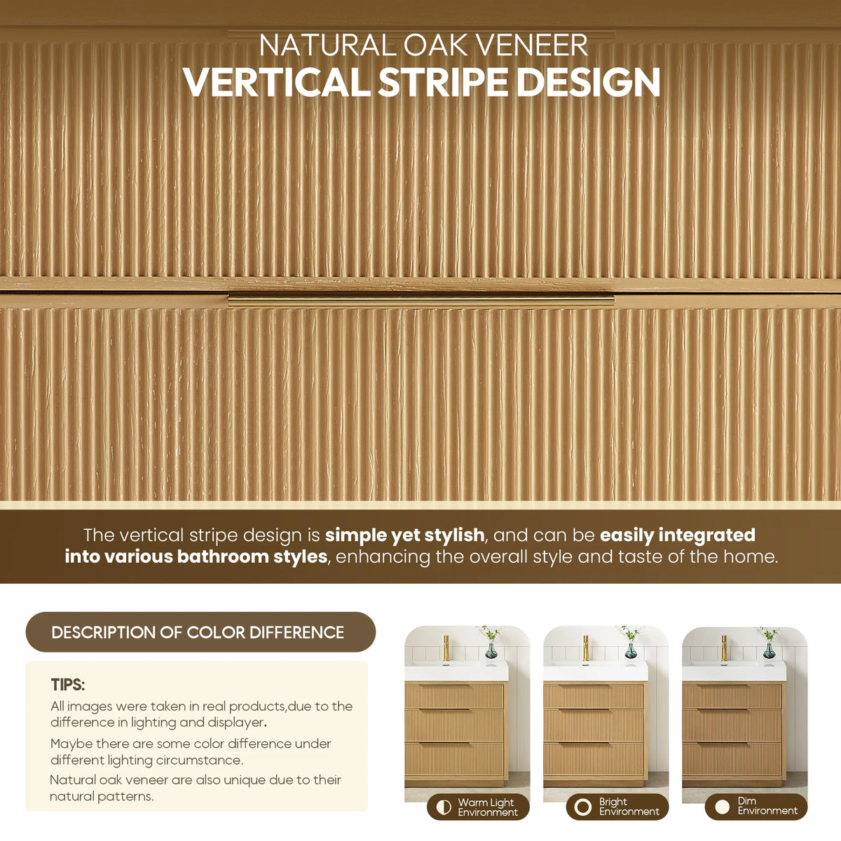 Ribbed front pattern in close-up, plus a color guide showing the finish in warm, bright and dim light