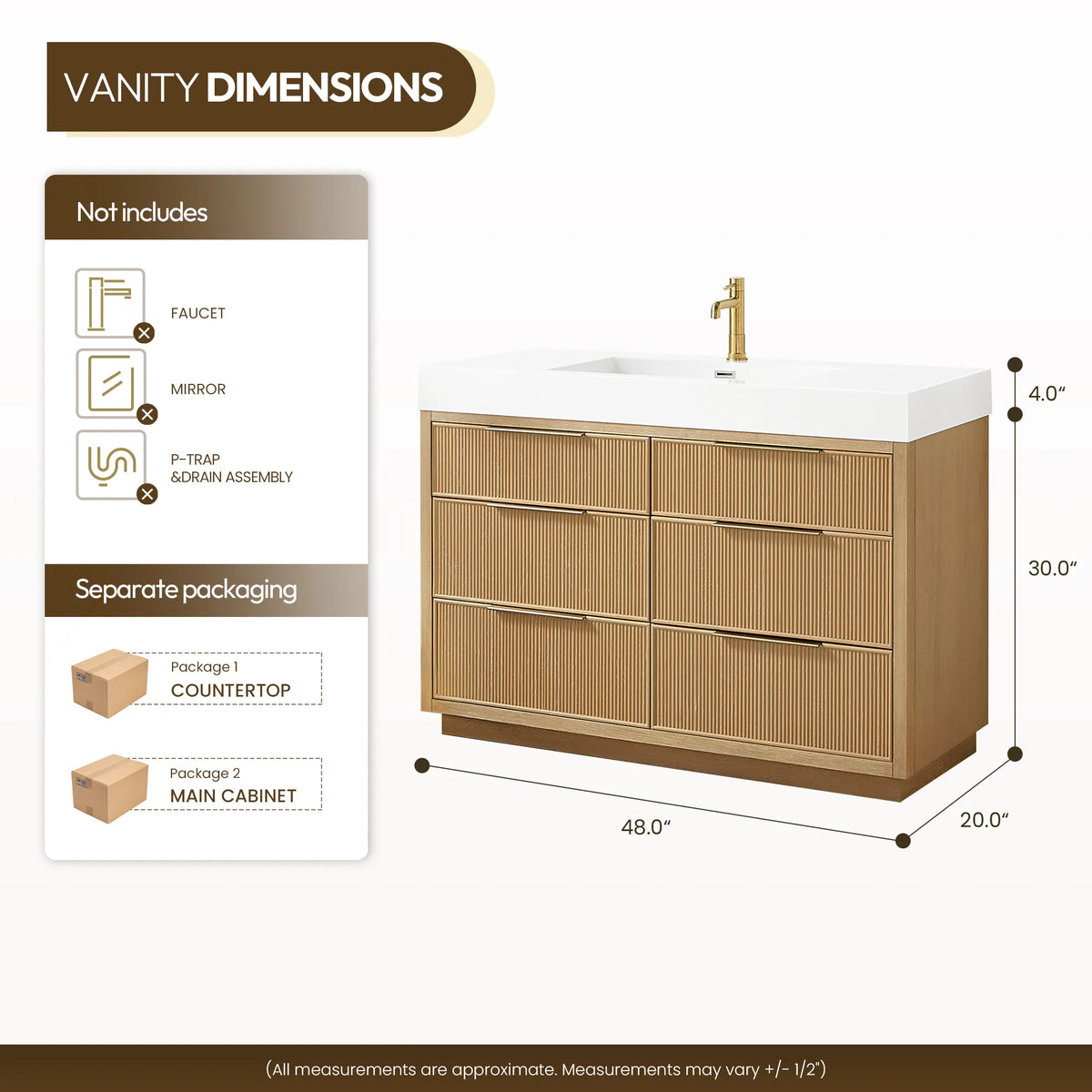 Measurements for the 48-inch vanity laid out beside a list of items that are not included