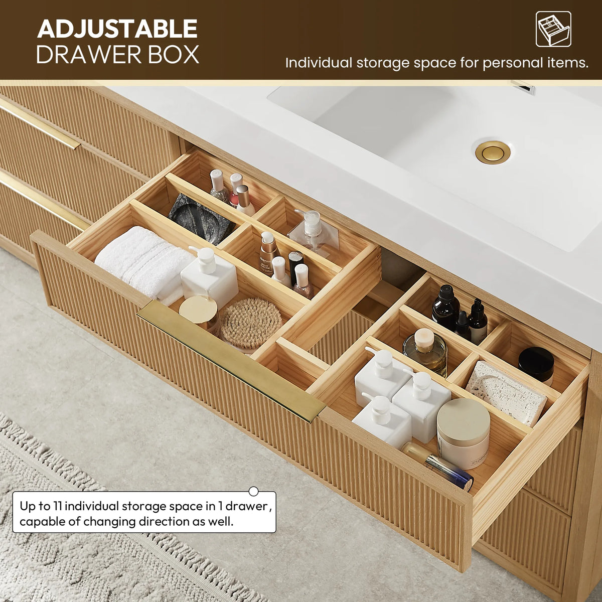 Extended drawer with movable dividers, filled with grooming items, under the 60-inch double vanity's white top