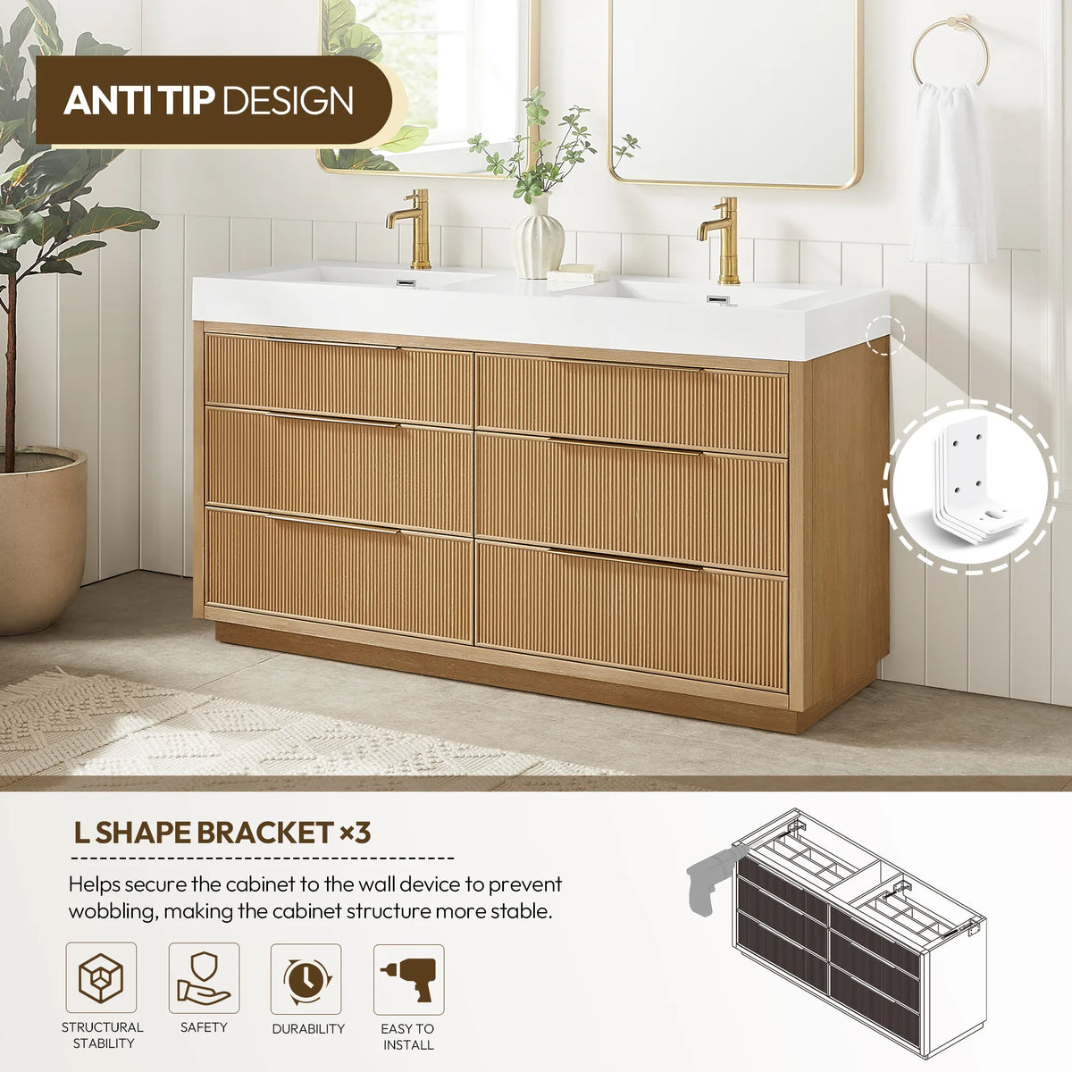 Anti-tip callout for the 60-inch double vanity, with a diagram of the L-shaped brackets