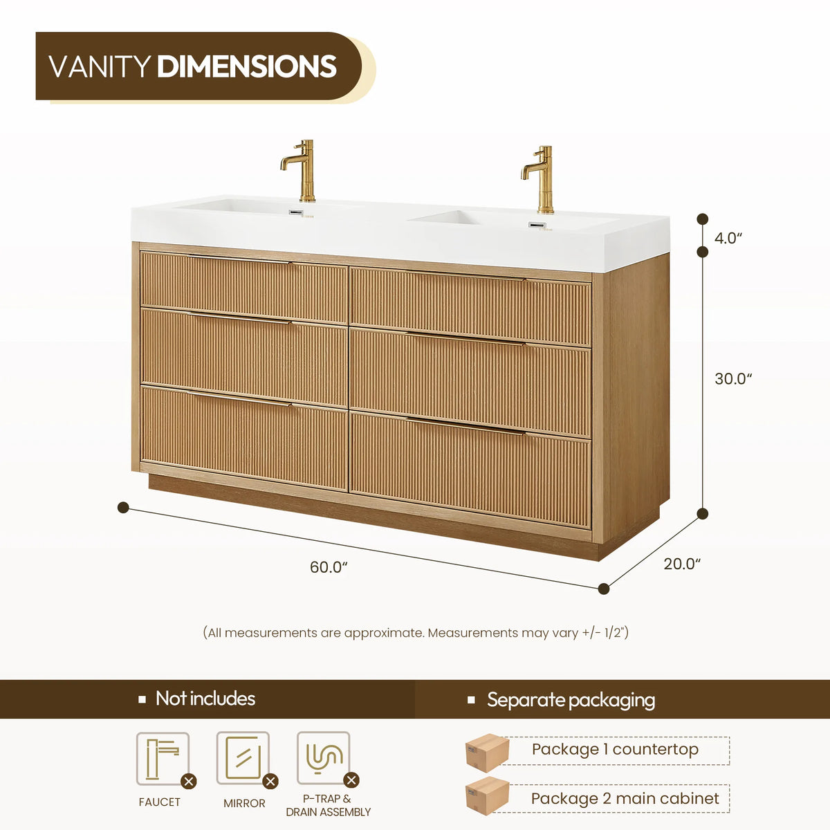 Measurement diagram of the 60-inch double with two faucets shown but not included, plus its two-package split